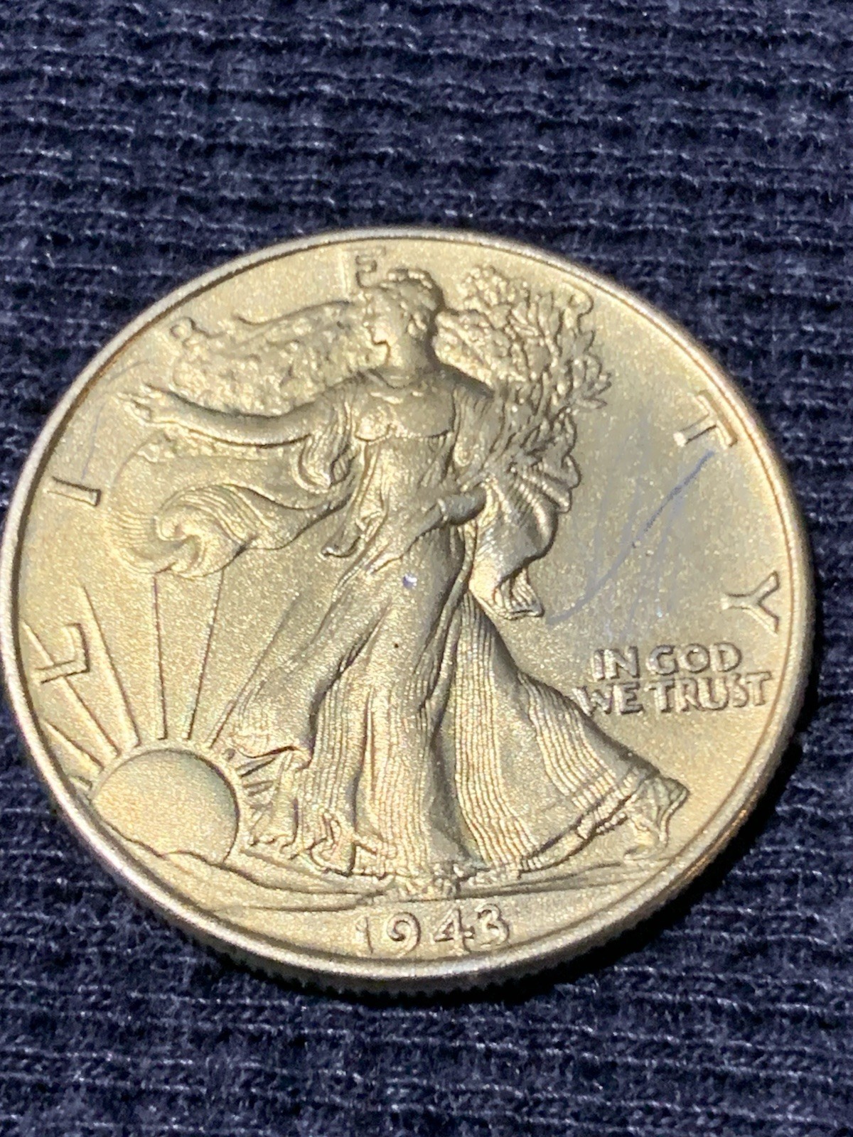 Liberty Walking Half Dollar 50C 1943 Philadelphia Gold Plated Acid Tested Liberty Walking Half Dollar 50C 1943 Philadelphia Gold Plated Acid Tested