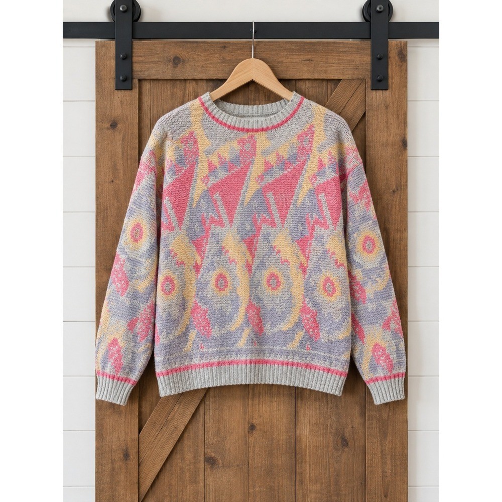 Vintage 80s Genesis Sweater Womens Medium Pink Purple Abstract Geometric Knit
