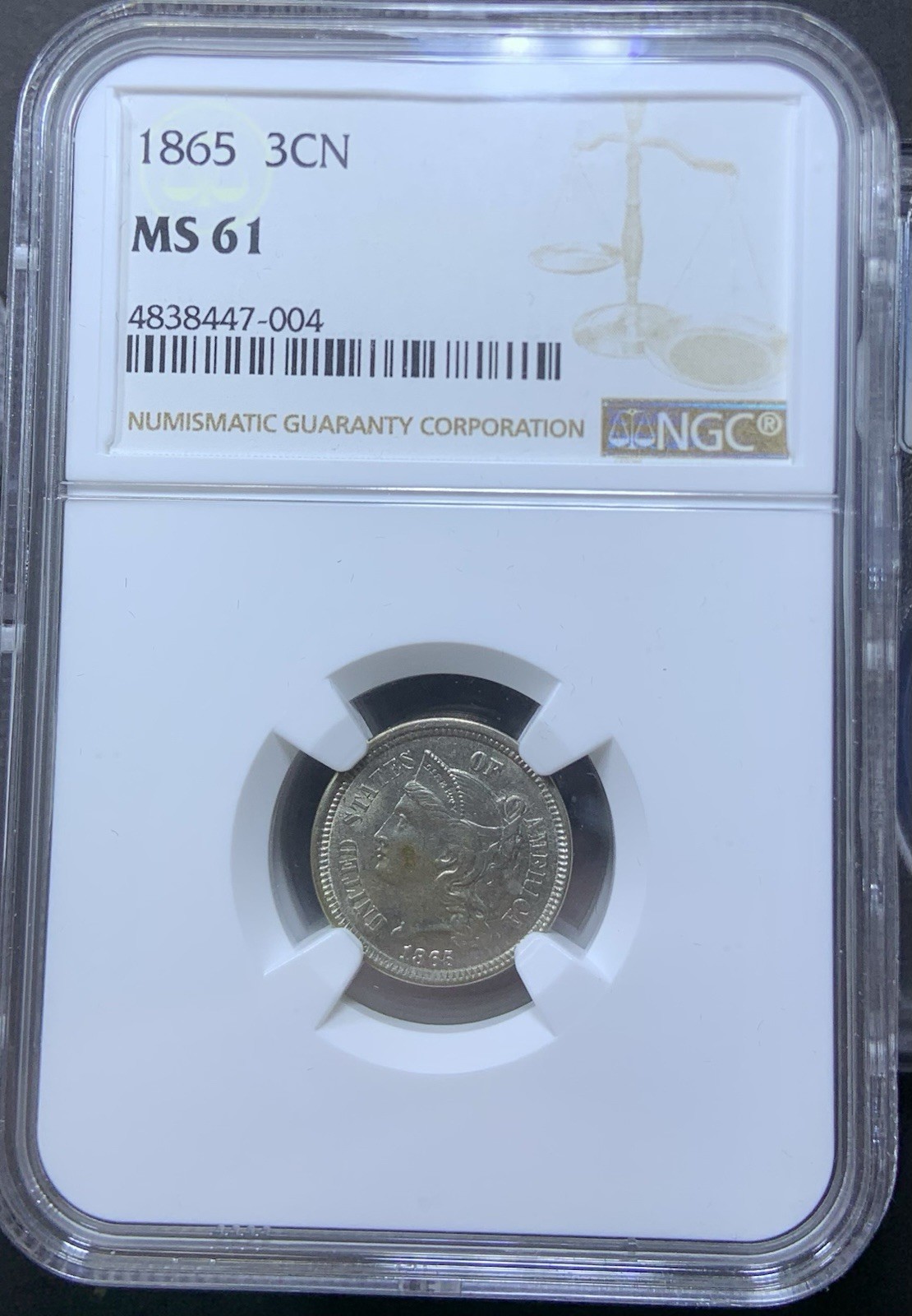 1865 Three Cent Nickel NGC MS61 - Sharp Strike With Light Luster Civil War-Era 1865 Three Cent Nickel NGC MS61 - Sharp Strike With Light Luster Civil War-Era