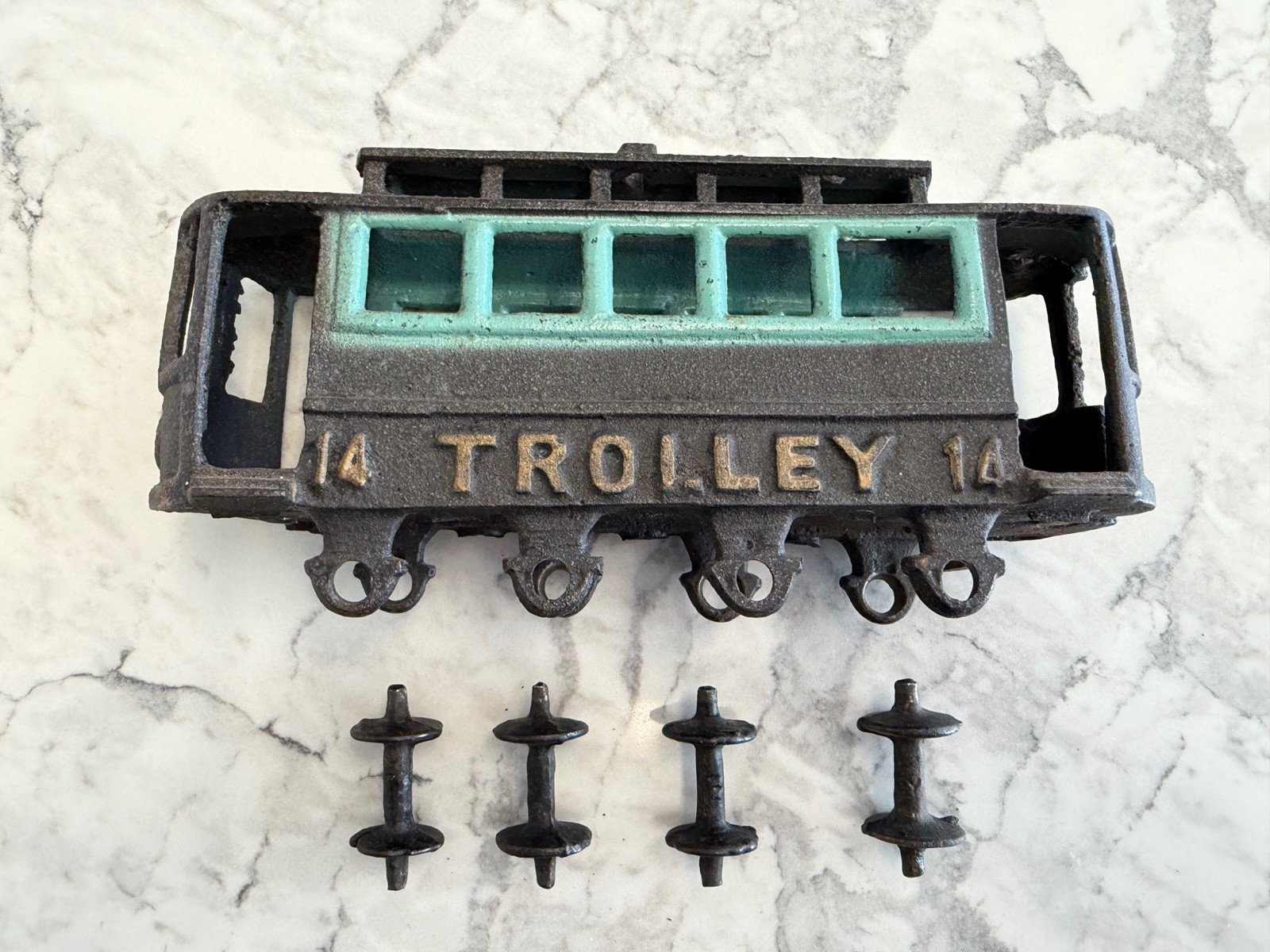 Antique Cast Iron Toy Trolley  14 - For Parts or Repair - Y Makers Mark on Wheel