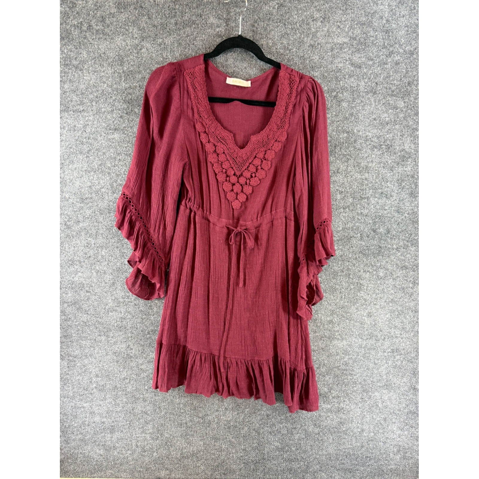 Entro Burgundy Crochet Lace V-Neck Bell Sleeve Ruffle Mini Dress D3483 Size M
