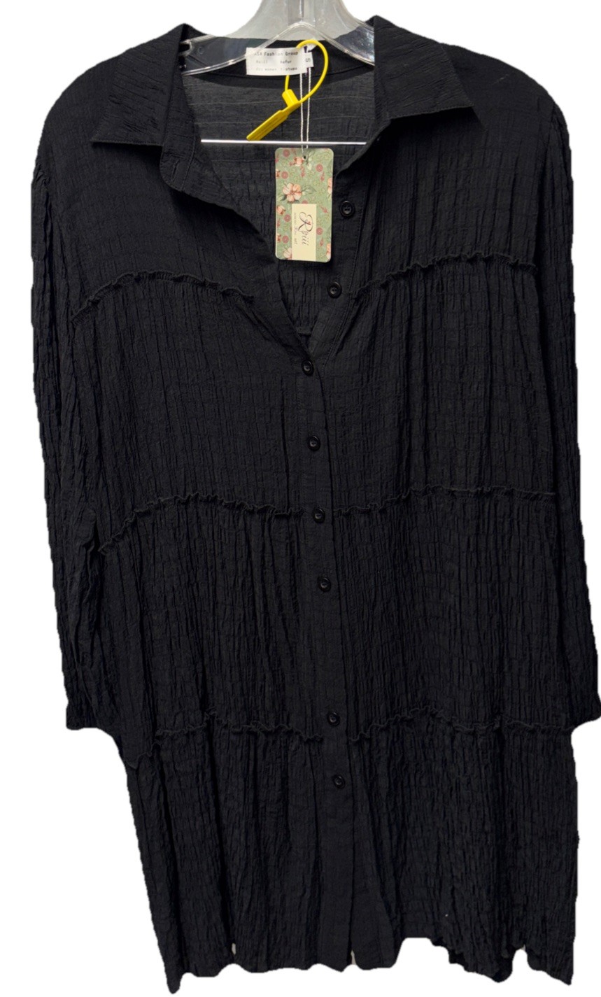 ASA Roiii Aofur Black Shirt Dress Button Up Smocked Gauzy Tier Boho Witch Goth-S