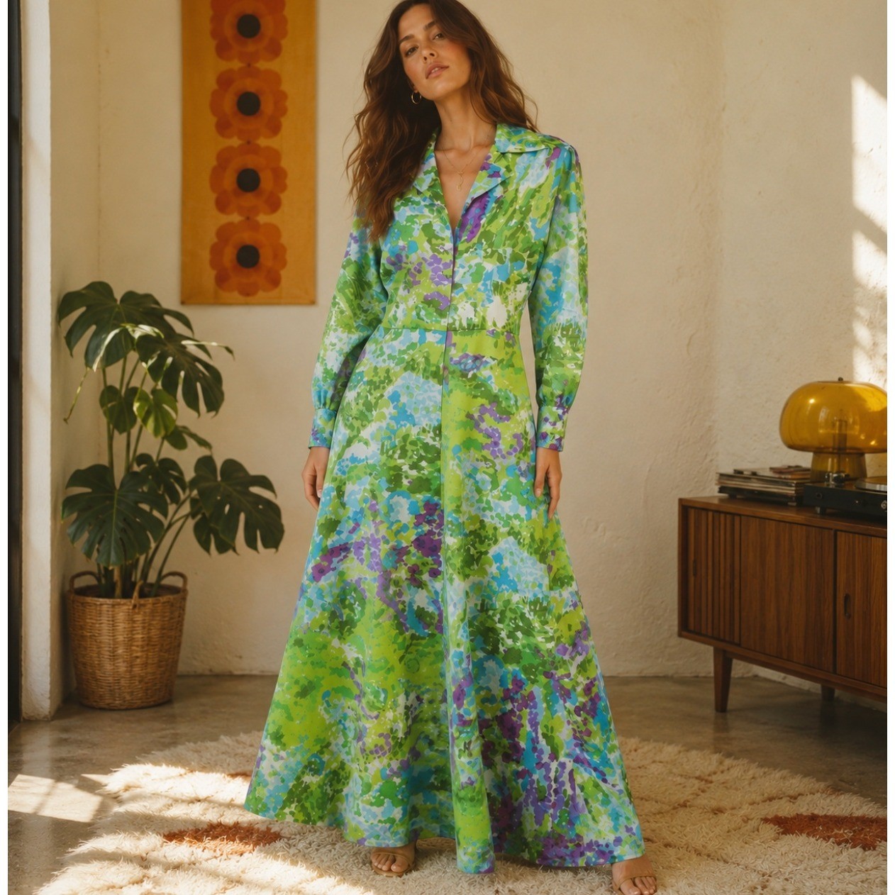 Vintage Concept 70s Swirl Sakowitz Maxi Dress Floral Groovy Hostess Hippy S M