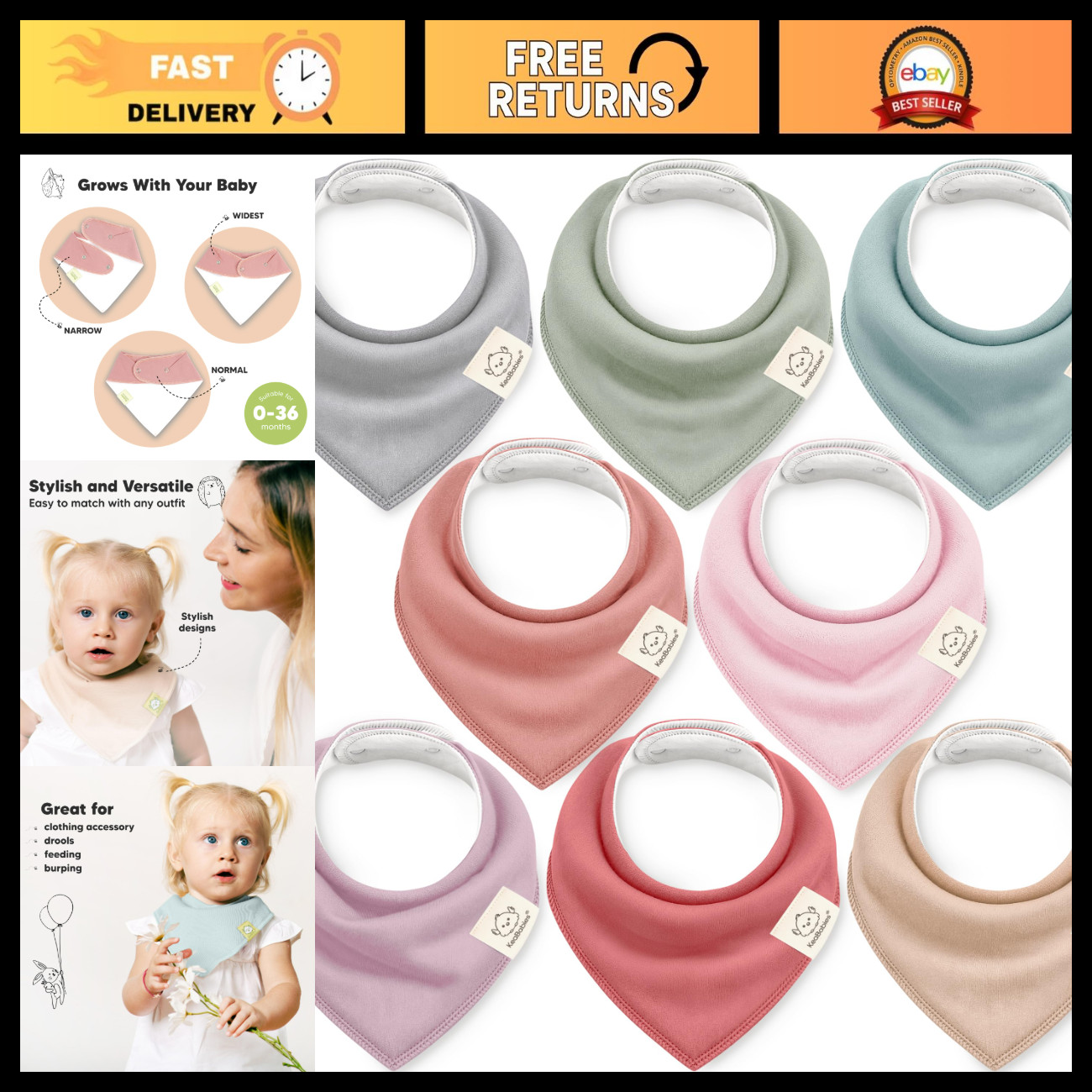 8-Pack Organic Baby Bandana Bibs for Drooling & Teething - Muted Pastel Colors