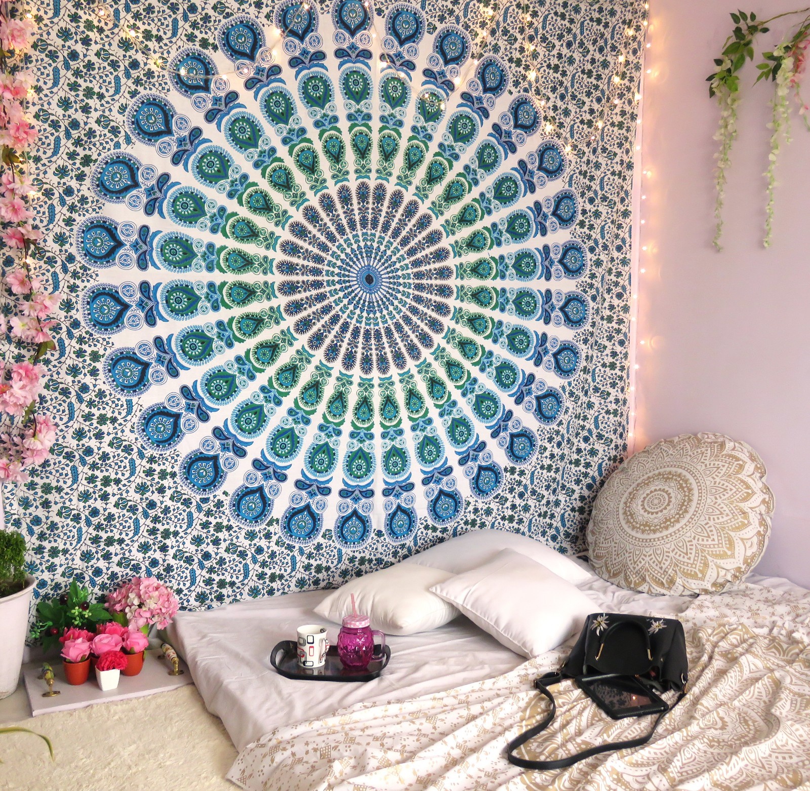 Indian Mandala Tapestry Wall Hanging Hippie Bohemian Bedspread Blue Peacock Art