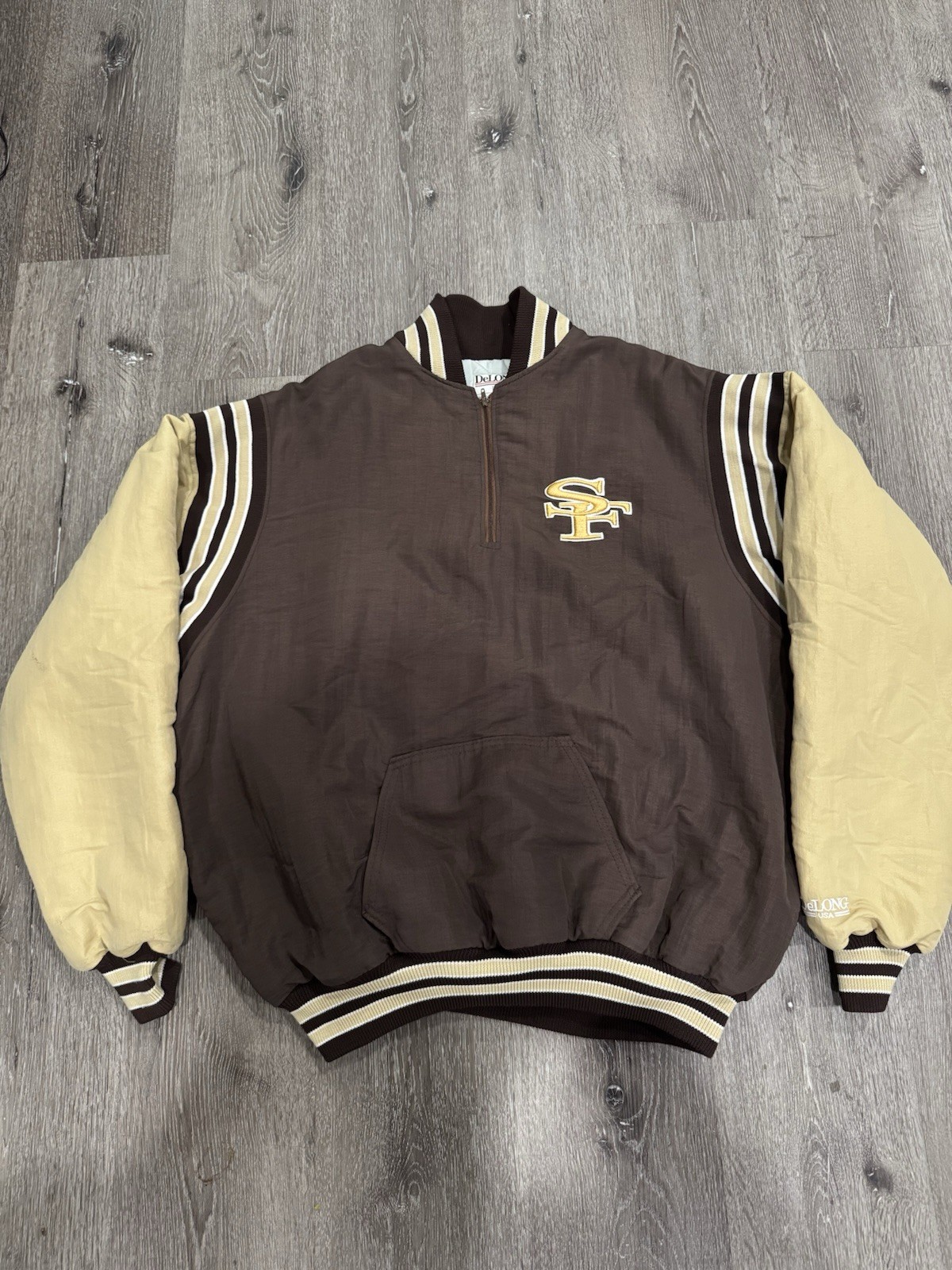 Vintage San Francisco DeLong Brown and Cream Varsity Jacket Size XL