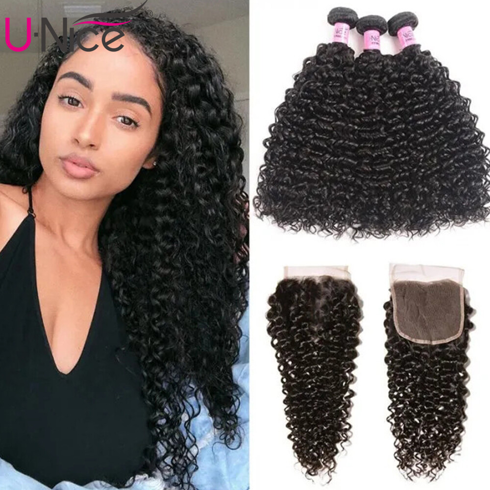 UNice 3 Bundles Malaysian Curly Human Hair Extensions with Lace Closure Wefts US
