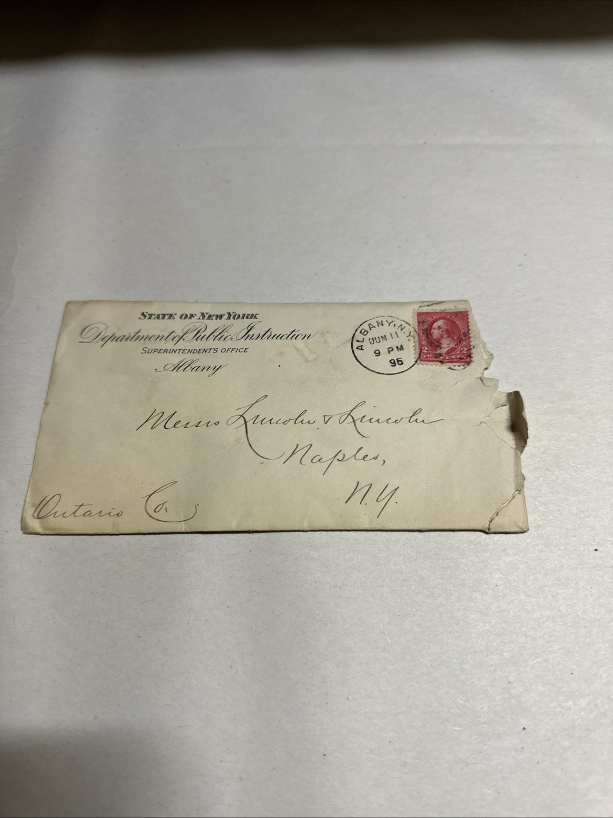 Vintage 1896 State of New York Cover Letter with Red Stamp Vintage 1896 State of New York Cover Letter with Red Stamp