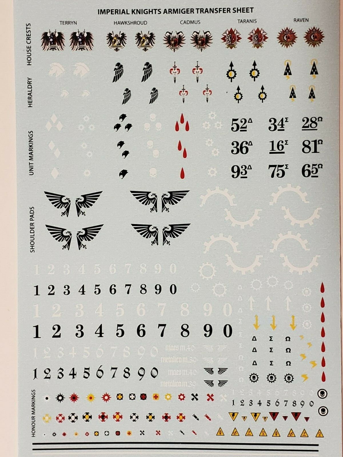 Transfer Sheet, Decals,,Armiger Warglaives, Helverins, War Dog, Imperial Knights Transfer Sheet, Decals,,Armiger Warglaives, Helverins, War Dog, Imperial Knights