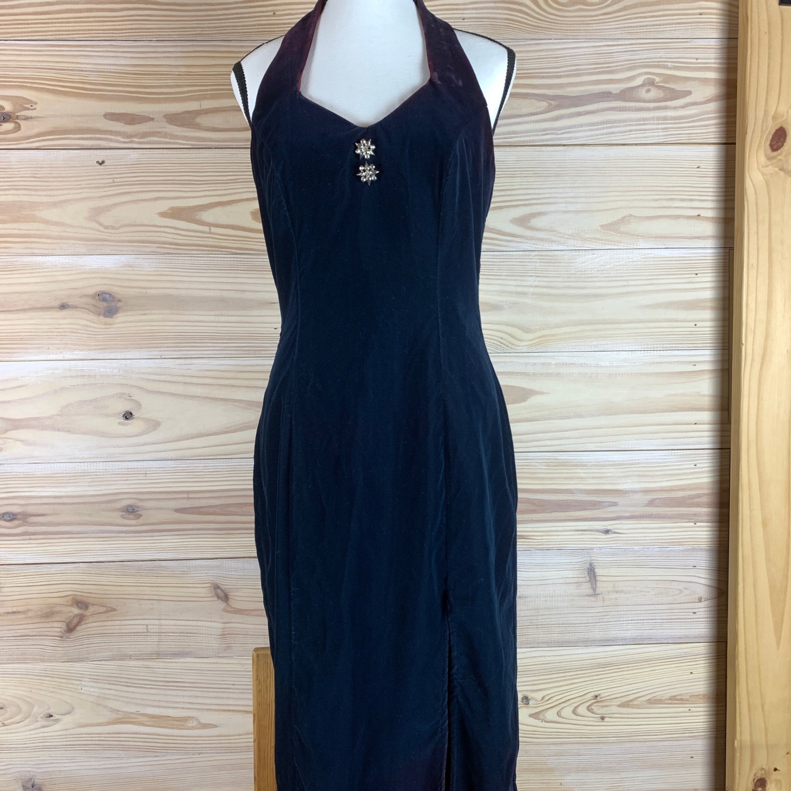VTG Jump Apparal Maxi Dress Womens 7/8 Velvet Halter Rhinestone Slit Gown