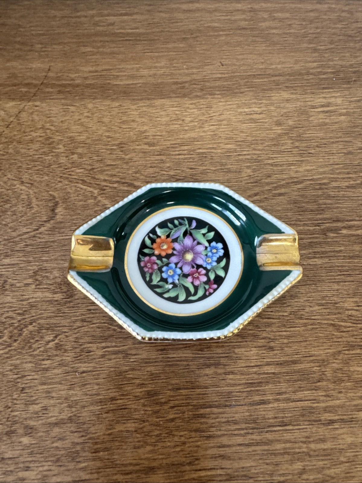 Vintage Schumann Bavaria Ashtray Trinket Plate Green Gold Floral