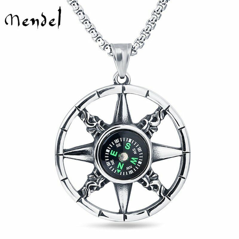 MENDEL Cool Mens Working Nautical Compass Necklace Pendant Stainless Steel Chain