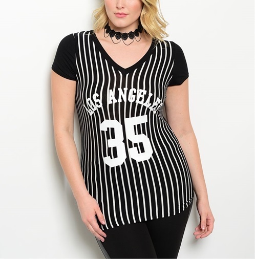 LIBIAN Plus Size (1X, 2X) Stripe Los Angeles Graphic Print V-neck Tee Top LIBIAN Plus Size (1X, 2X) Stripe Los Angeles Graphic Print V-neck Tee Top