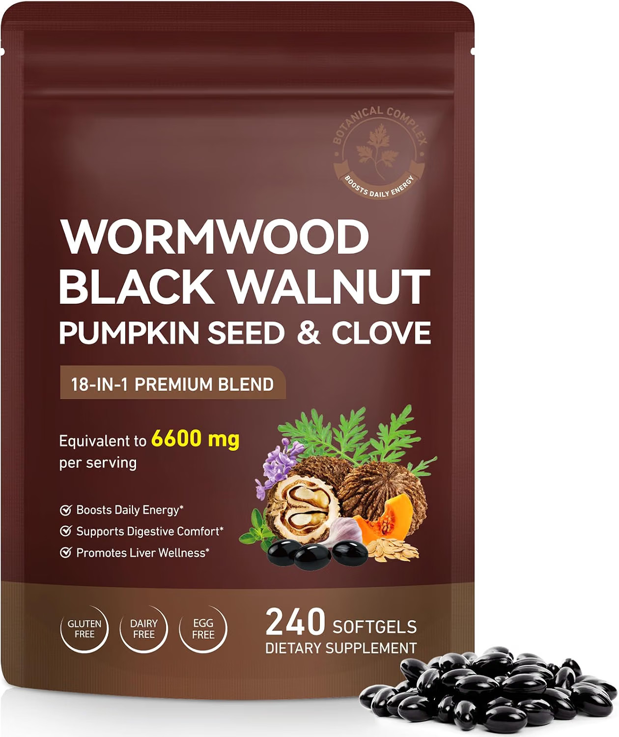 Holior Wormwood Black Walnut Clove Herbal Supplement 240 Softgels