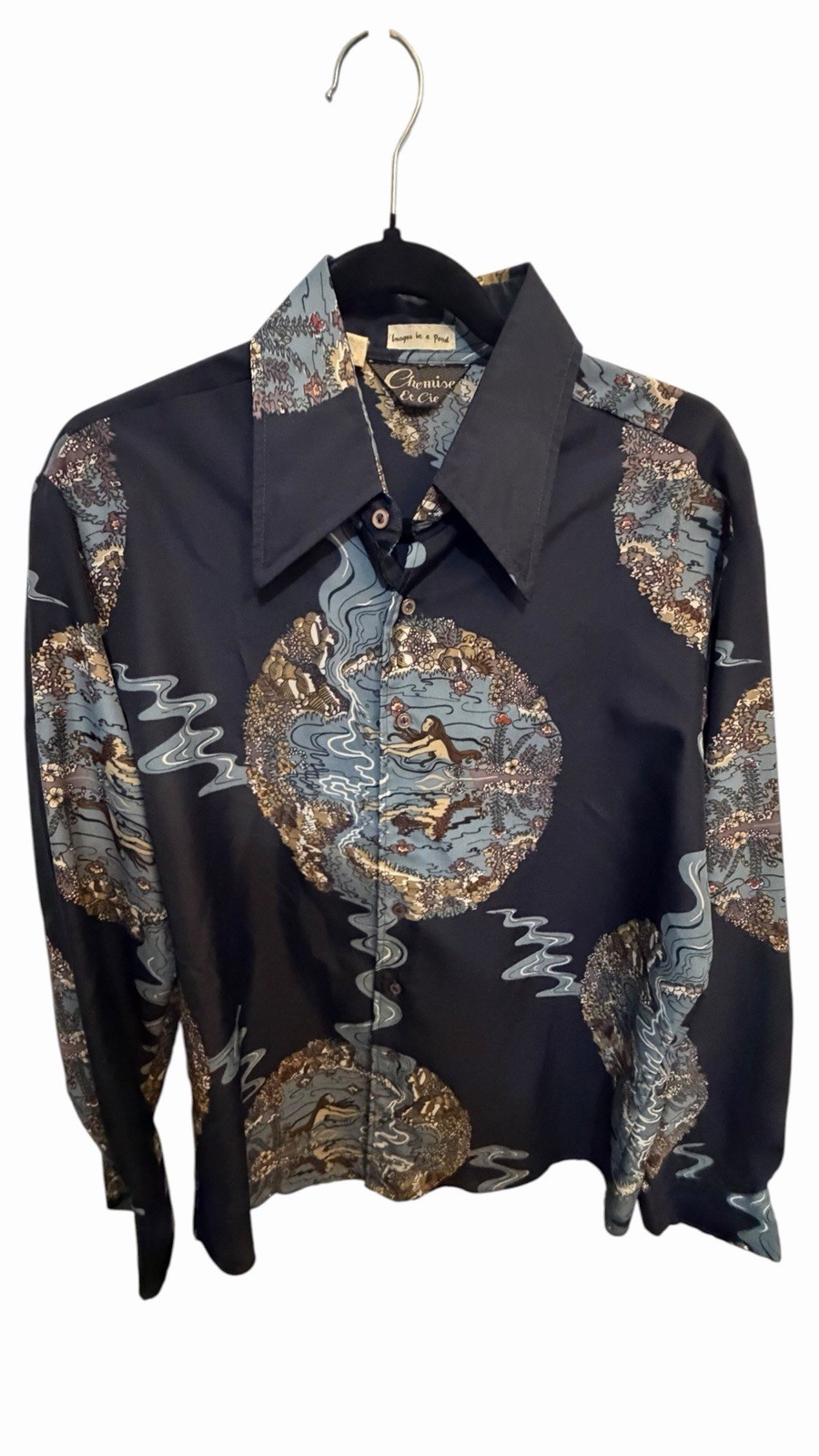 Vintage 70s Chemise Et Cie Scenic Button Up Shirt Disco Fits Sz LRG EUC