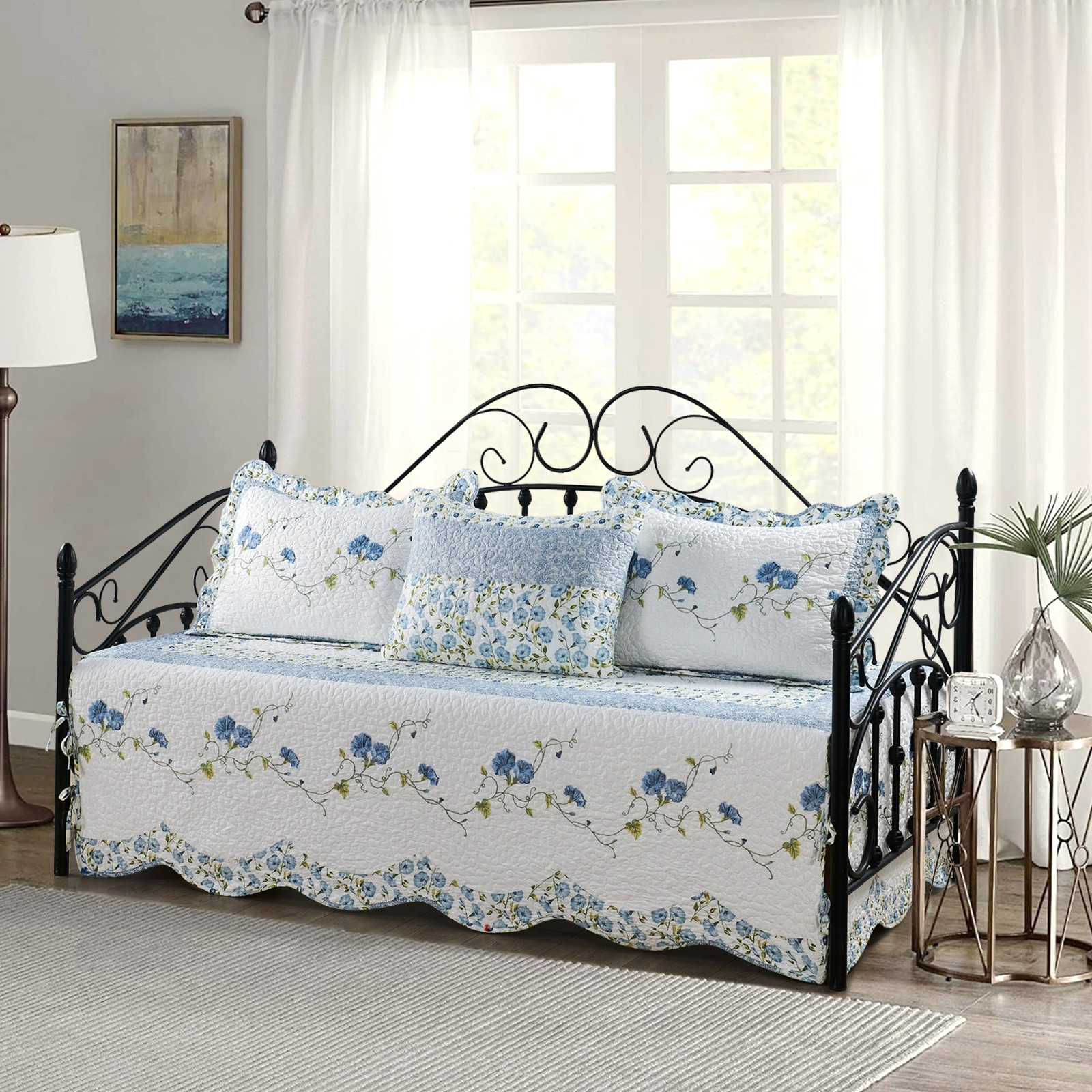 Farmhouse Floral Daybed Quilt Set 4-Piece Embroidered Reversible Bedding
