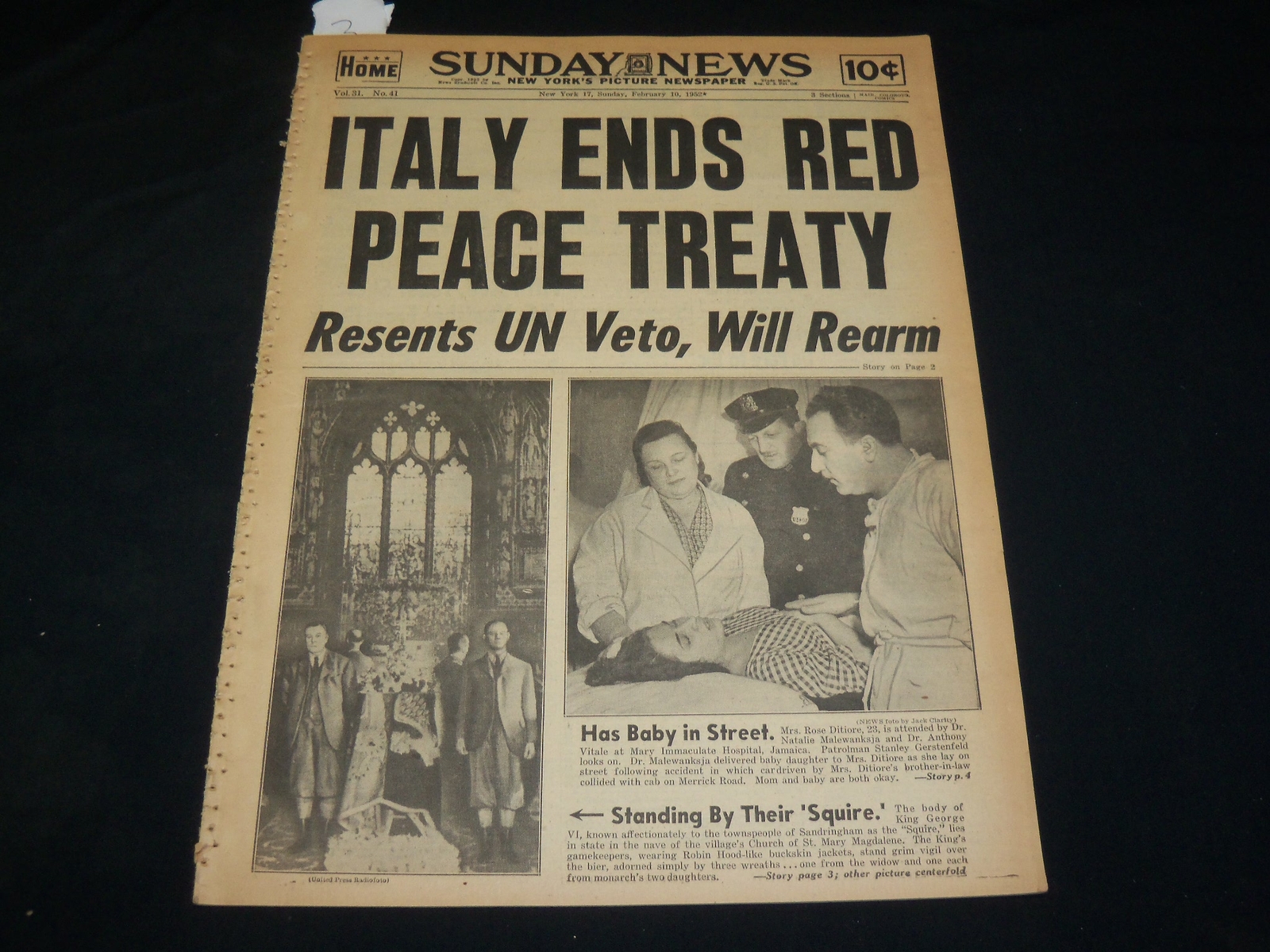 1952 FEBRUARY 10 NEW YORK DAILY NEWS - ITALY ENDS RED PEACE TREATY - NP 5404