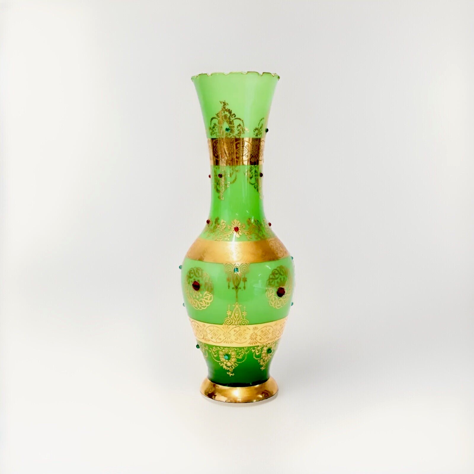 Antique Hand-Blown Venetian EMERALD GLASS Vase Gold Banded & Jeweled 15” | Italy