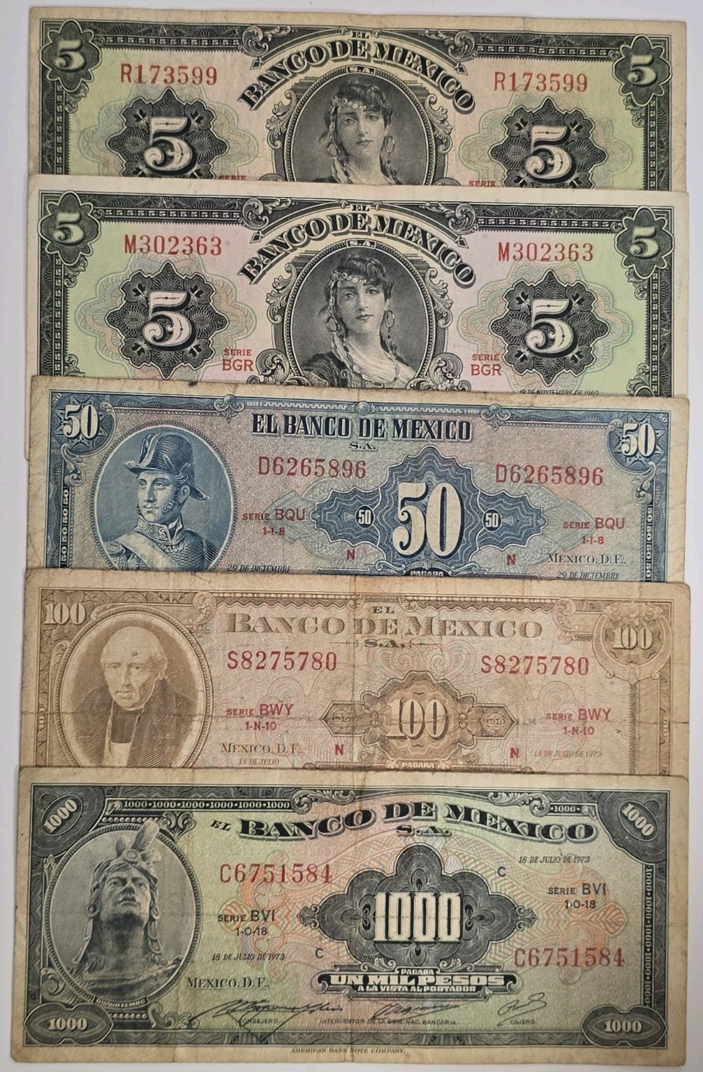 Vintage 1960s-1970s Mexico Banknotes Lot 5 50 100 1000 Pesos Circulated