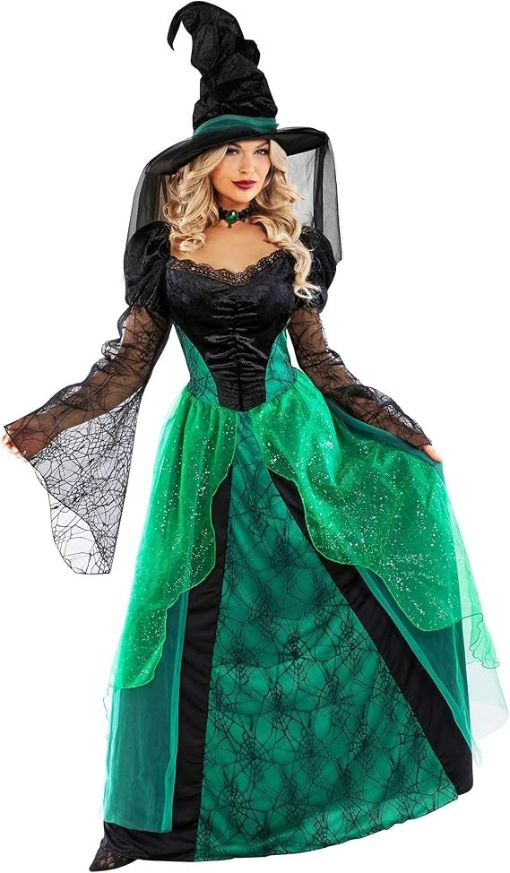 Deluxe Women`s Green Witch Costume & Hat Adult Witch Halloween Dress S - 3XL