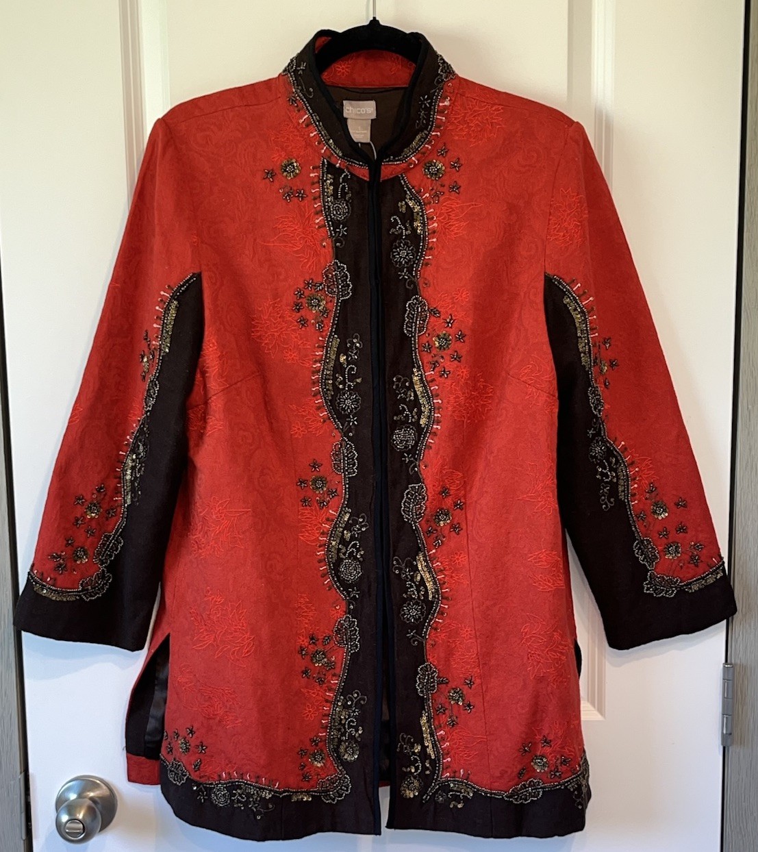 Chicos Women’s Size 6-8 Beaded Tapestry Duster Jacket BohoArtisan Effortless AA1 Chicos Women’s Size 6-8 Beaded Tapestry Duster Jacket BohoArtisan Effortless AA1
