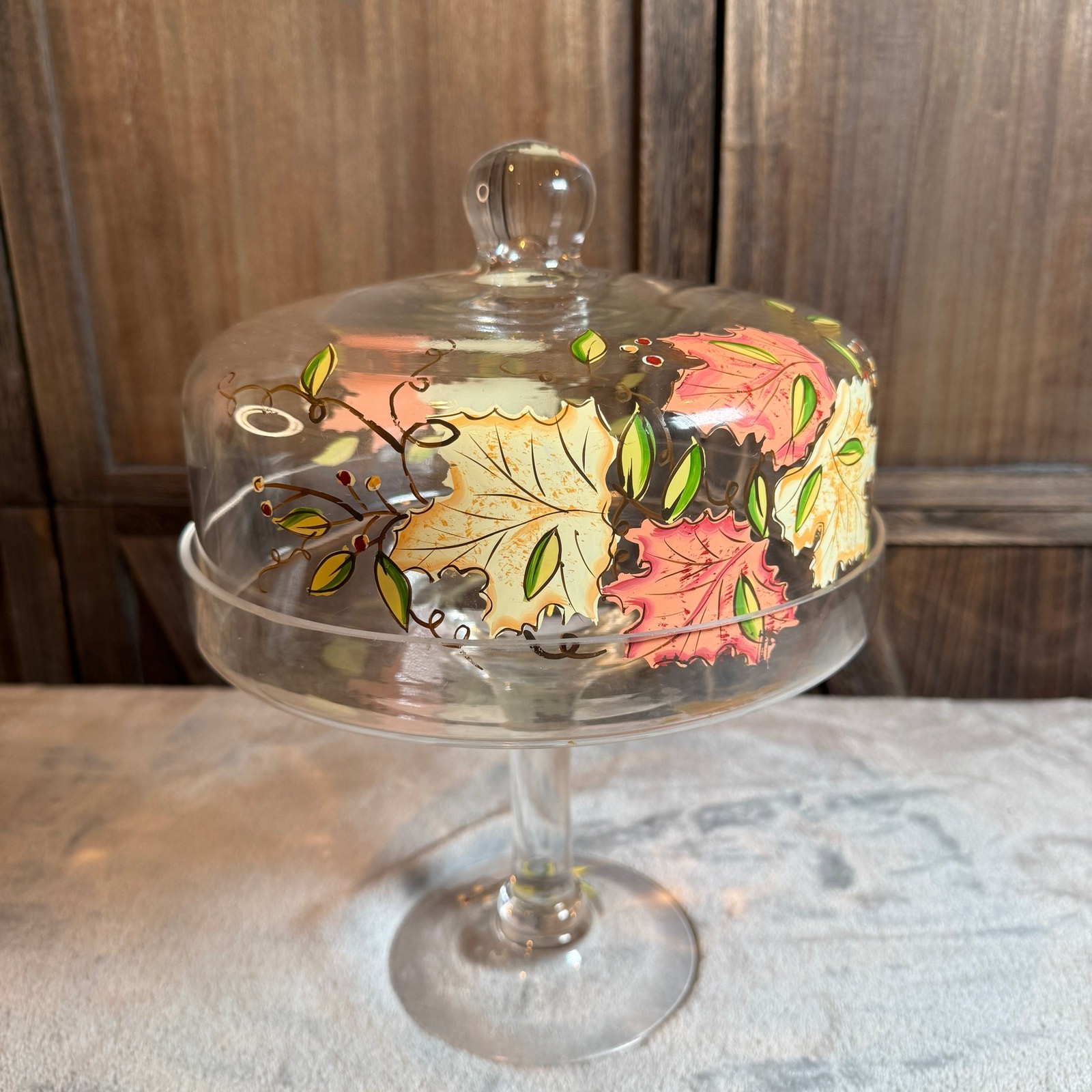 Vintage Hand Painted Glass Cake Stand Dome Autumn Maple Leaf Covered Pedestal