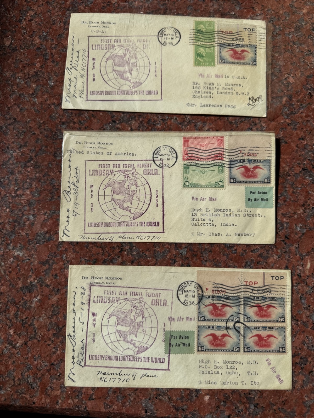Rare 1938 National Air Mail Week Signed Cover Trio- Ok to London Hawaii Calcutta Rare 1938 National Air Mail Week Signed Cover Trio- Ok to London Hawaii Calcutta