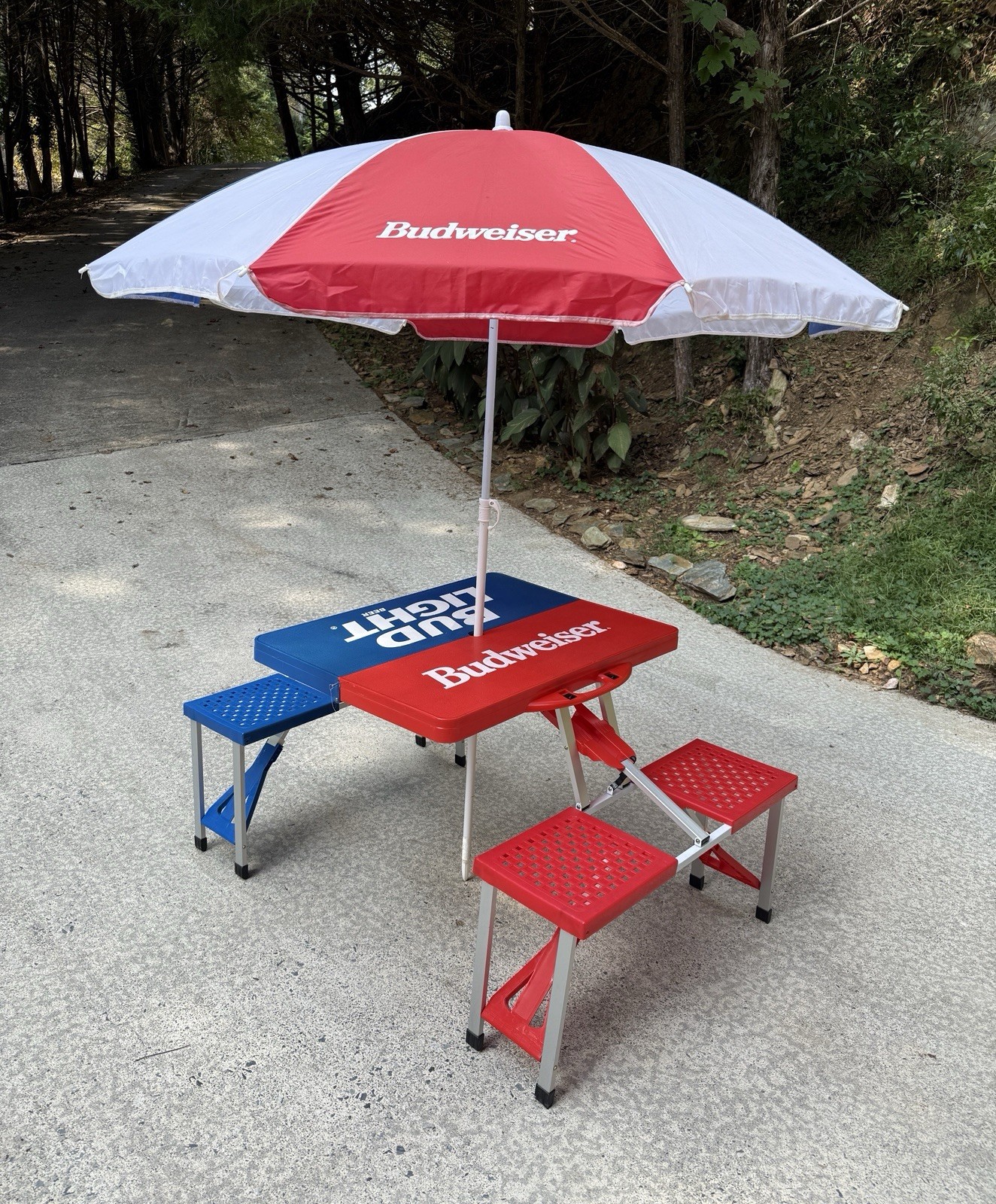 Vintage Budweiser Bud Light Folding Picnic Table Chair Set Suitcase Umbrella VG