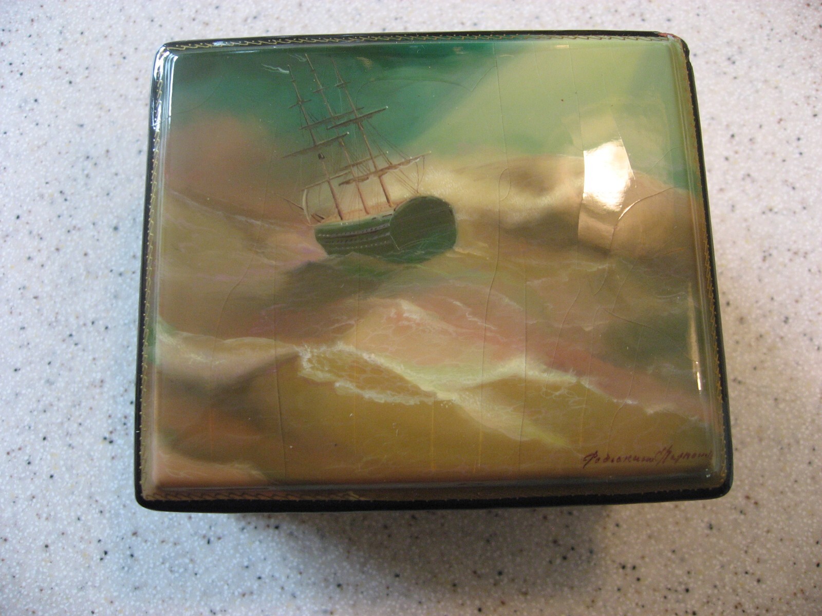 Vintage Russian Fedoskino Pegockuho Lacquer Box - Sailing Ship at Sea SIGNED