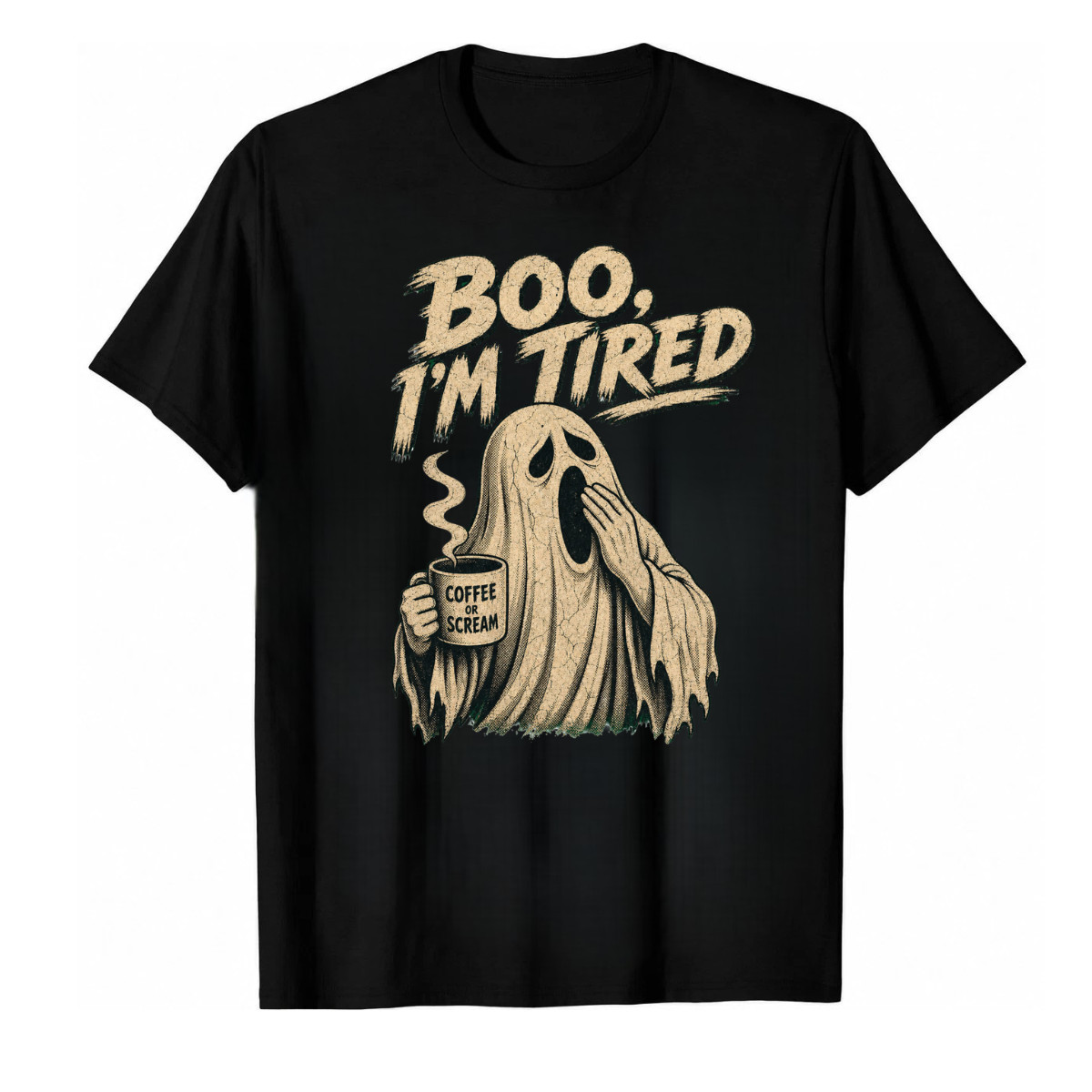 Boo I\'m Tired Funny Ghost Coffee T-Shirt Vintage Spooky Season Premium Print Tee