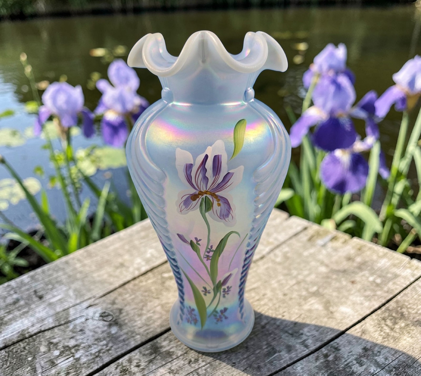 Fenton 1997 Irises on Misty Blue Satin Tall Feather Vase 2782 Iridescent 11\