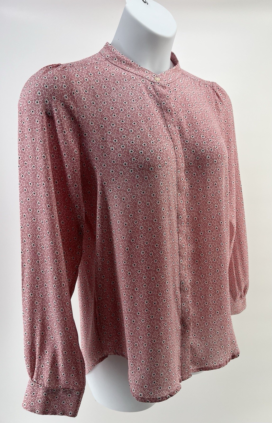LOFT Women\'s S Pink White Black Floral Band Collar Long Sleeve Button Blouse