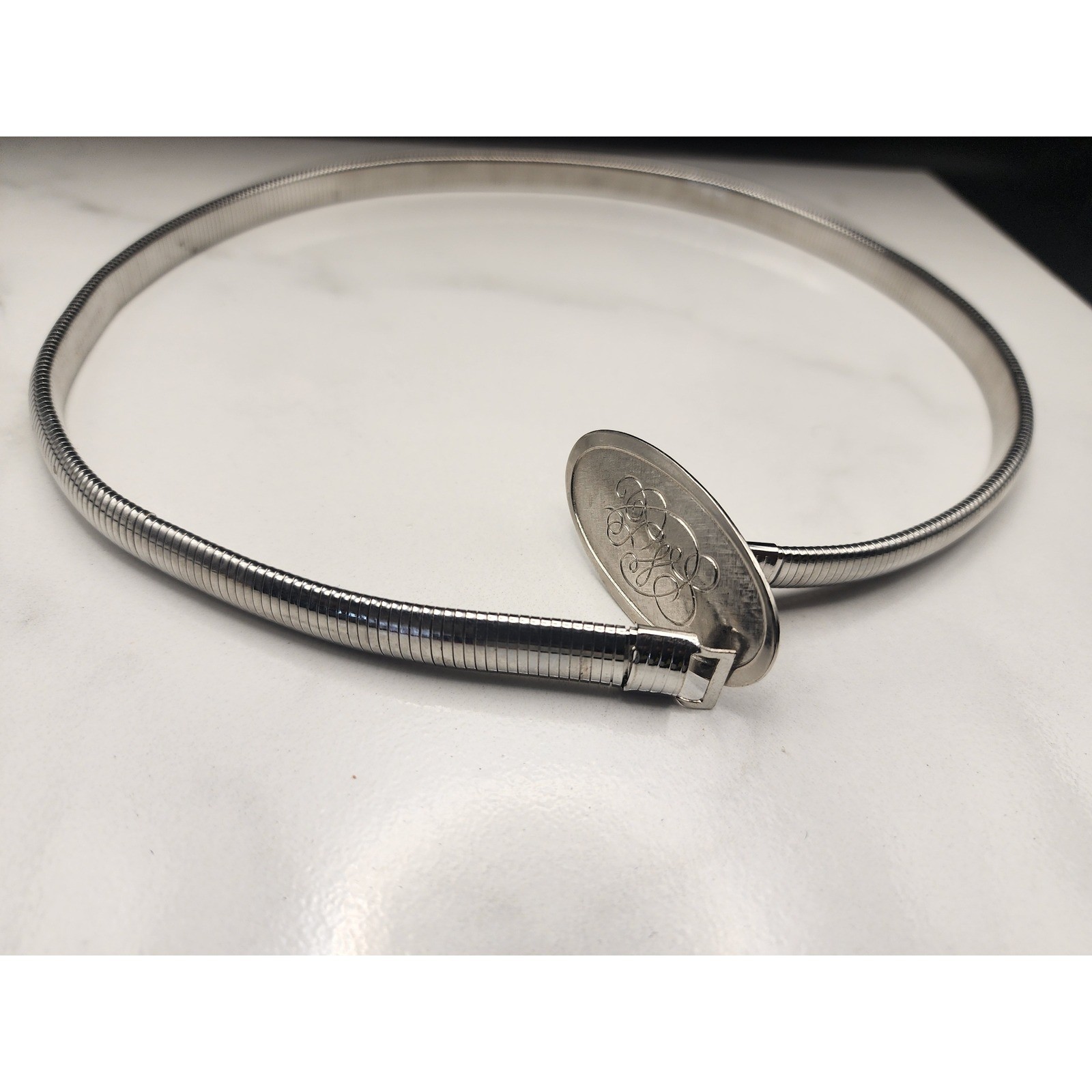 Vintage Silver Tone Stretch Snake Chain Belt Engraved Monogram Oval  Size S