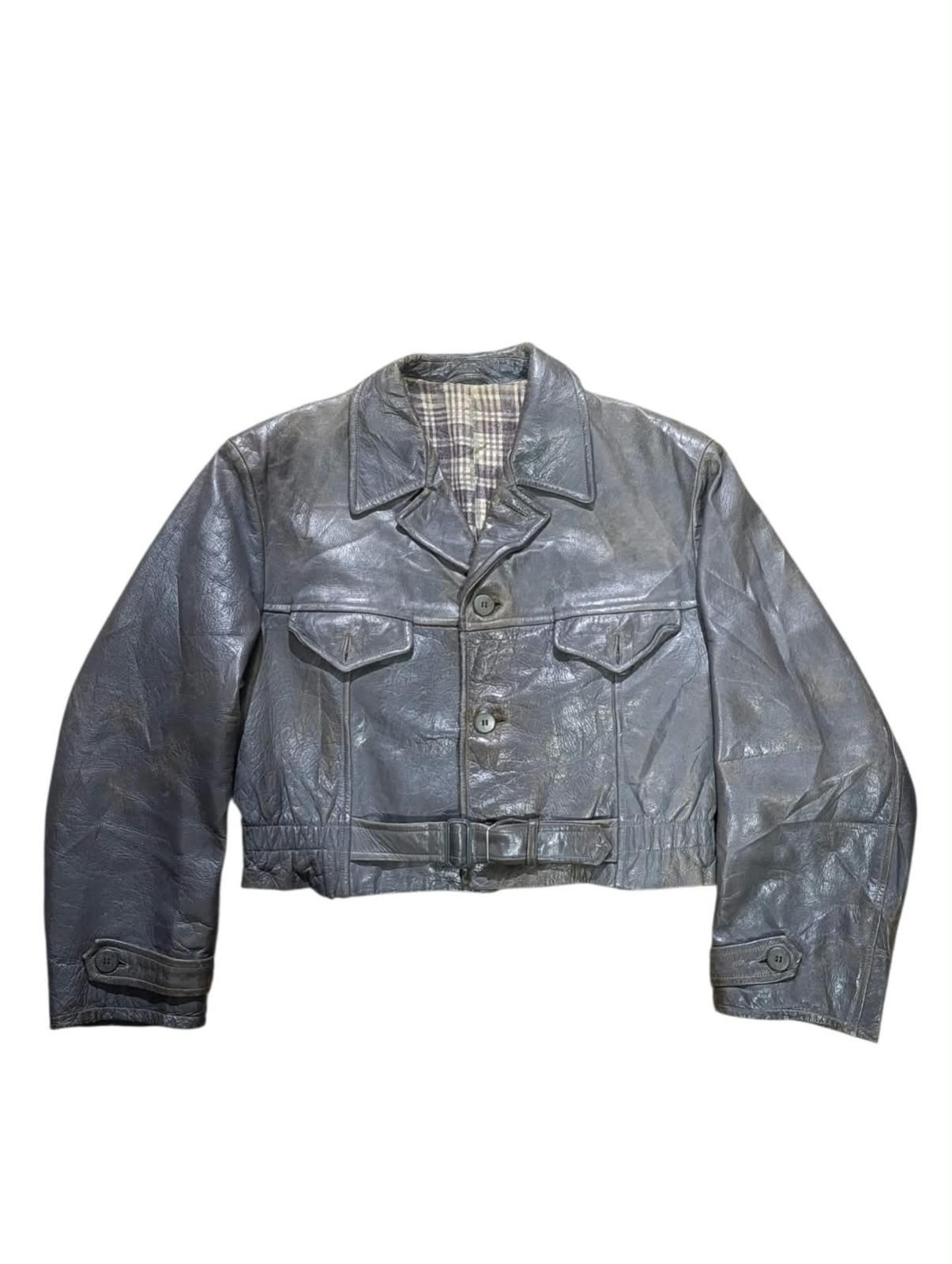 Vintage 1940s Cossack Leather Jacket Cropped Moto Belted Plaid Lined Grey M