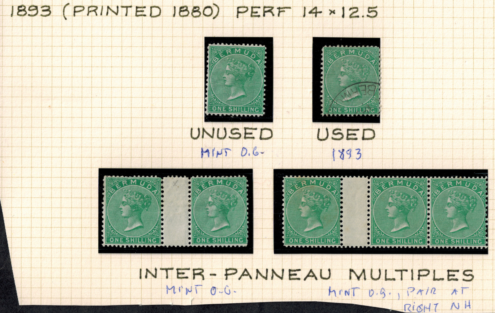 Bermuda 1893 SG 11 1/- Green Specialized OV5c P 14 x 2 1/2 Mint & Used GEM