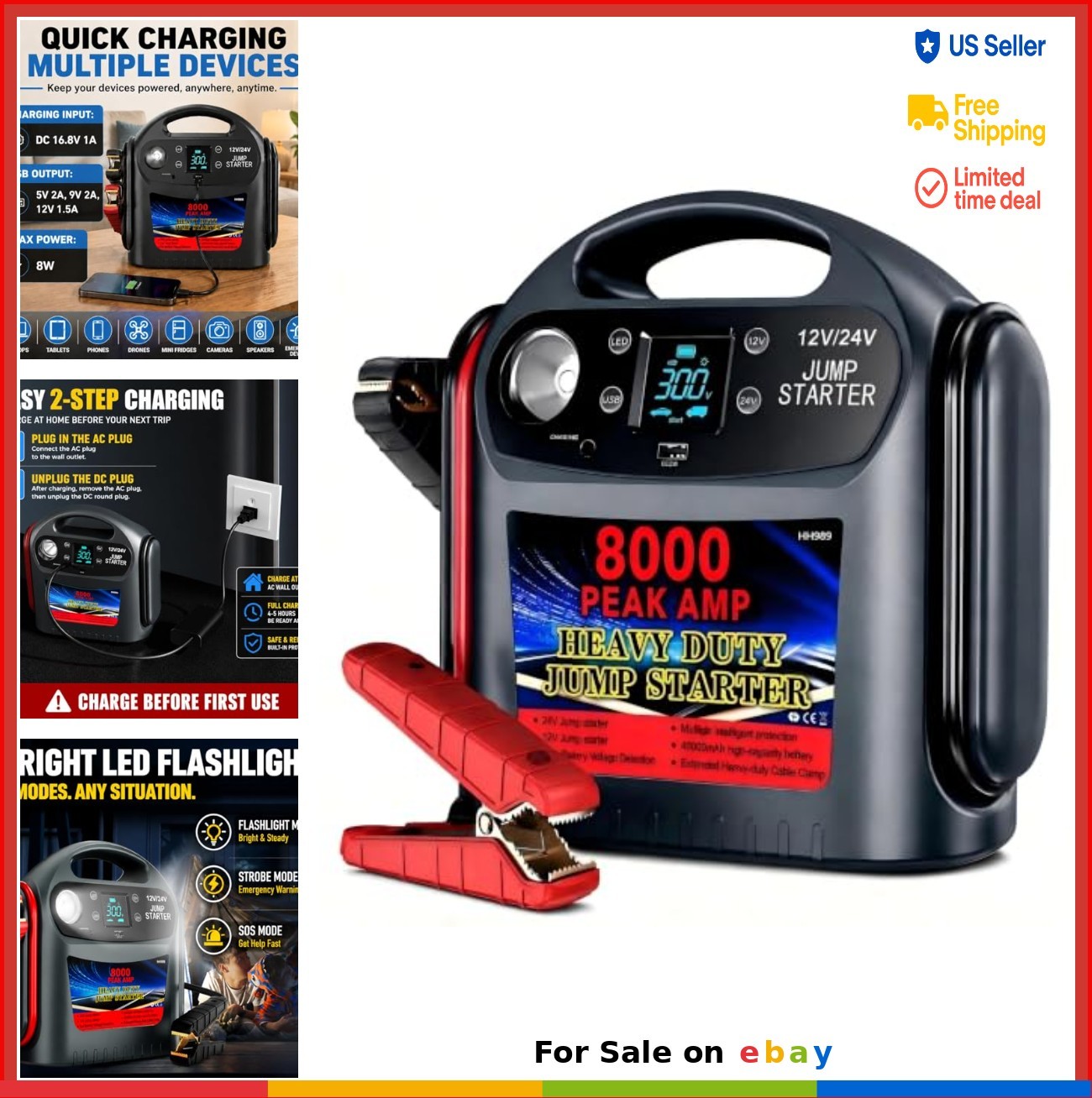 8000A Jump Starter 12V 24V Car Battery Booster Pack 40000mAh LED Light USB