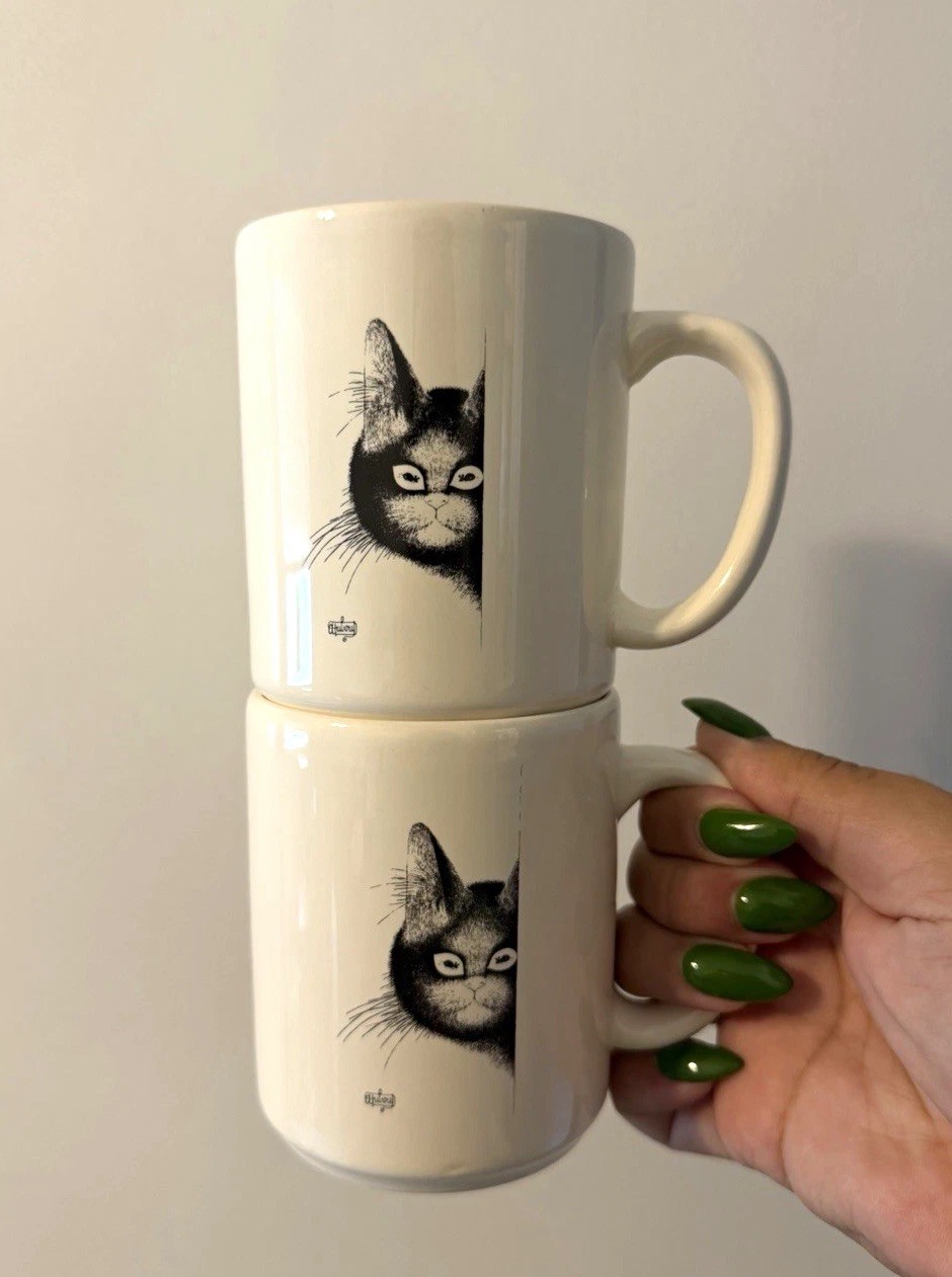 vintage 1998 A. Dubout french “sweet eyes” cat face ceramic mug Set of 2 vintage 1998 A. Dubout french “sweet eyes” cat face ceramic mug Set of 2