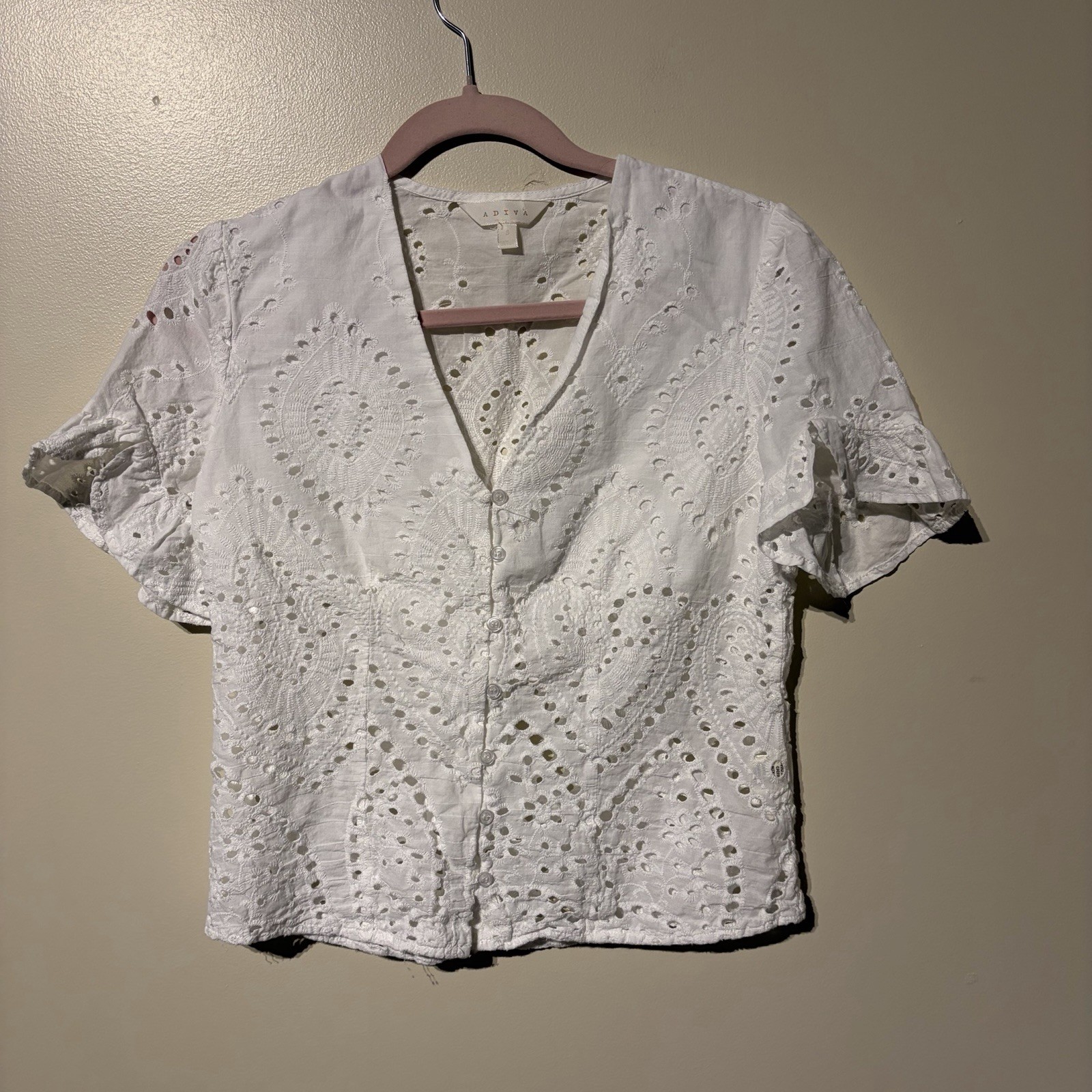 ADIVA White Eyelet Lace Flutter Sleeve Top  sz S Boho Cottage Romantic Festival