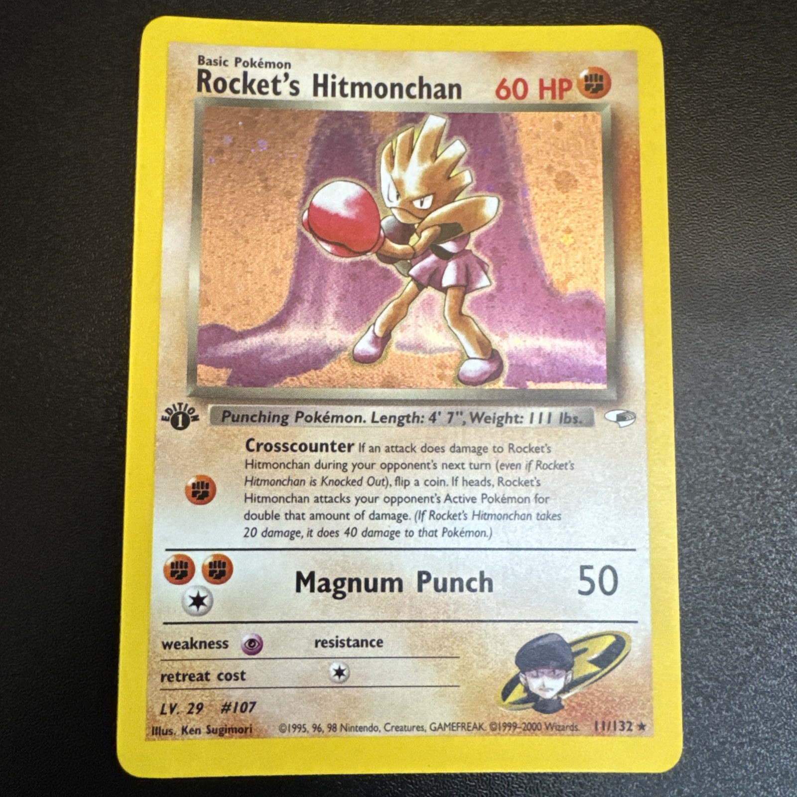 Vintage Pokemon Rocket\'s Hitmonchan 1st Edition Gym Hero 11/132 Holofoil LP/NM