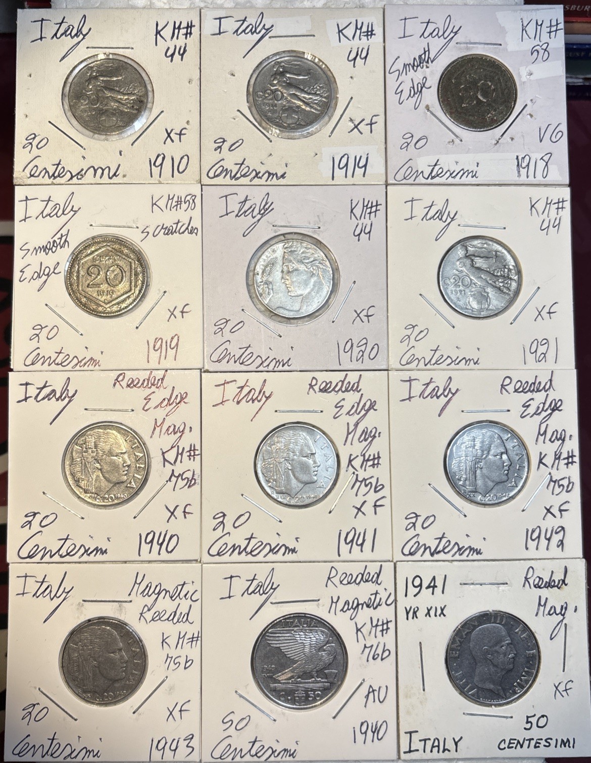 1910 - 1943 Italy 20 & 50 Centesimi VG - AU Condition 12 Coin Lot