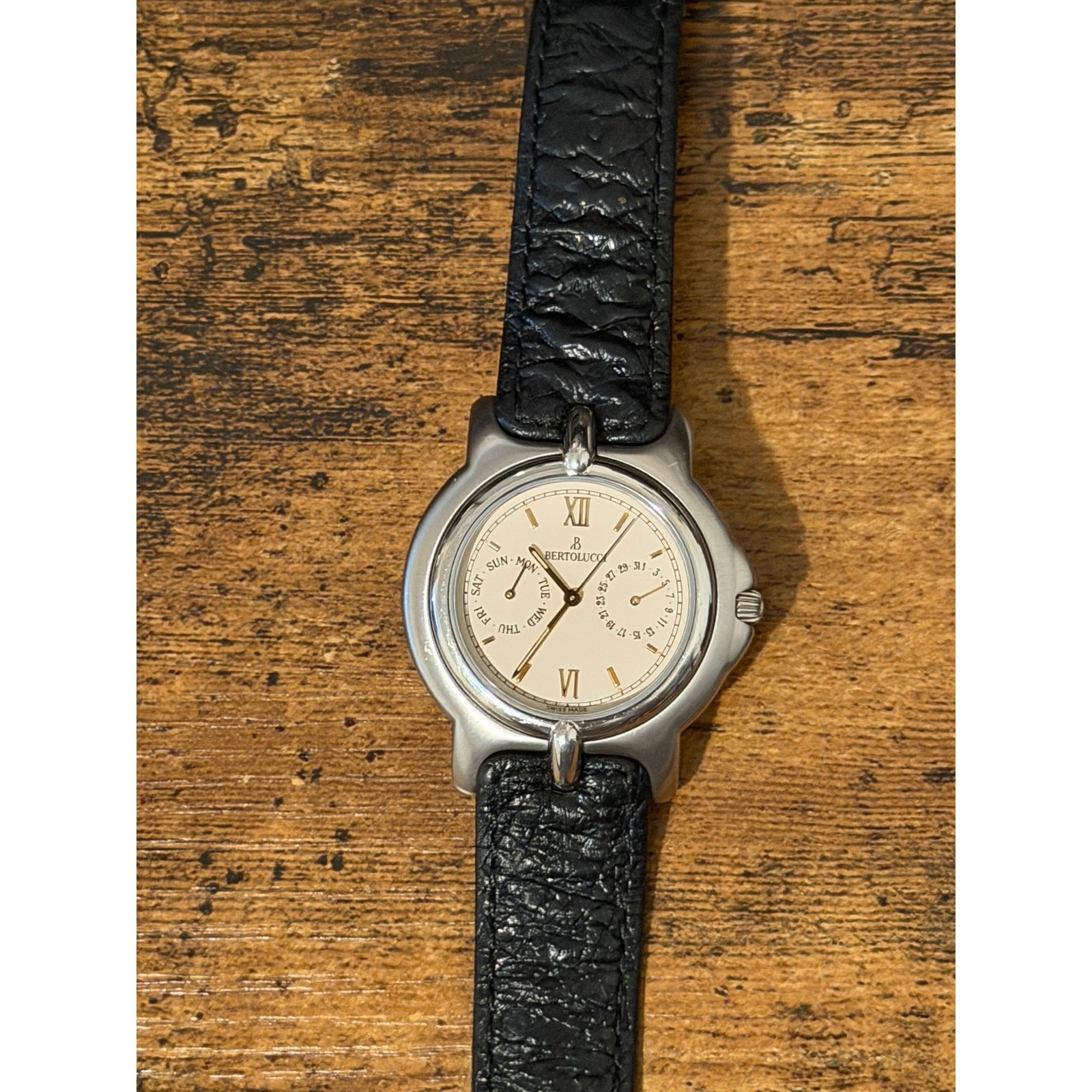 Bertolucci Pulchra Swiss Quartz Watch Day Date Cream Dial Leather Strap