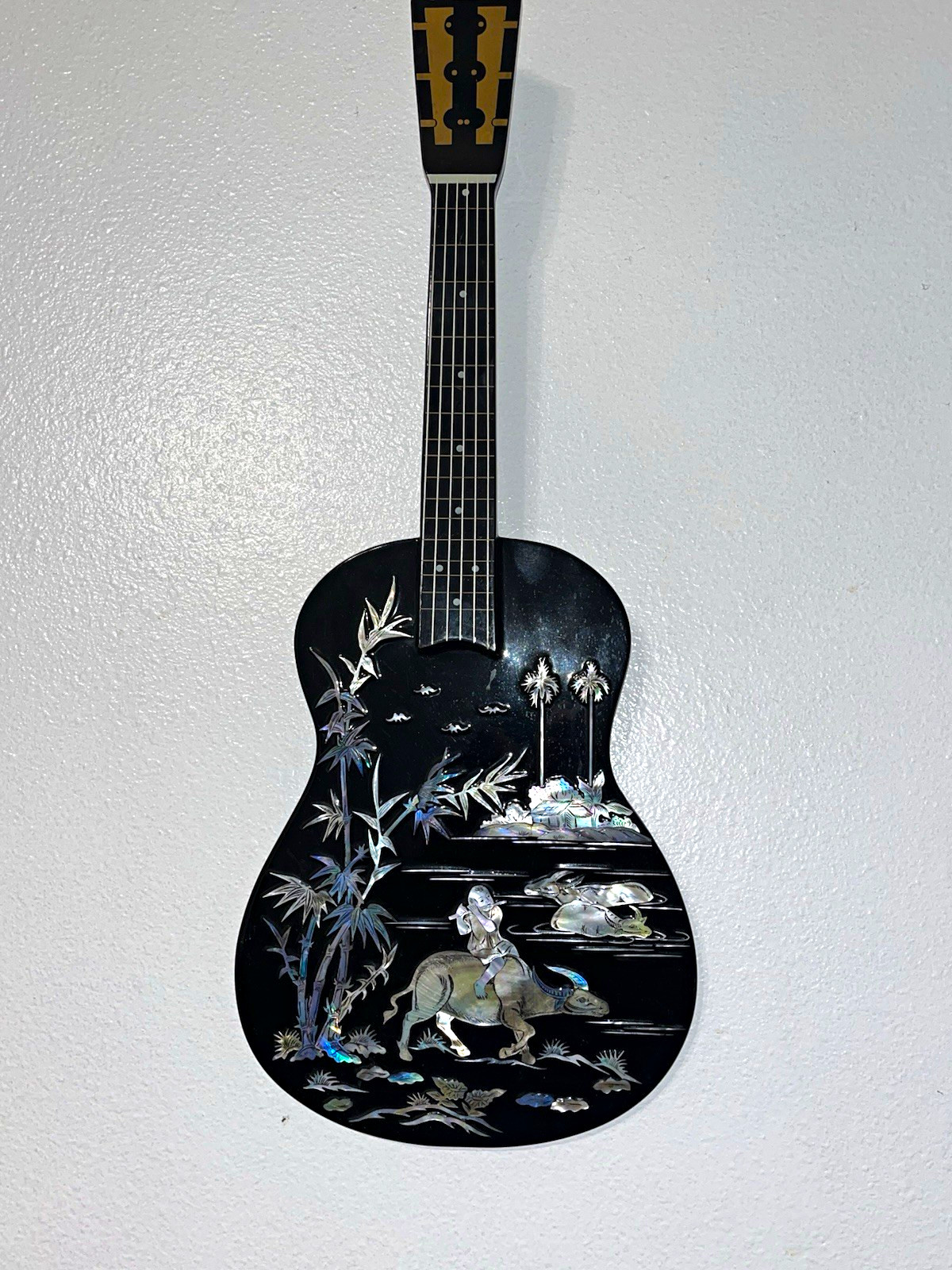 Black Parlor Acoustic Guitar 6-String Right-Handed Wood w/ Painted Asian Scene