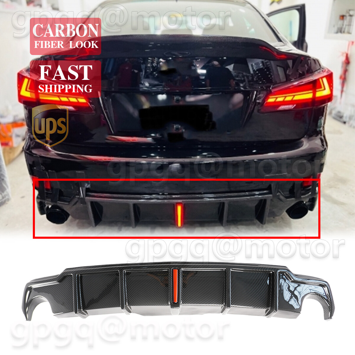 For Lexus IS250 IS350 06-13 JDM Carbon Add On Rear Bumper Diffuser W/ Led Light