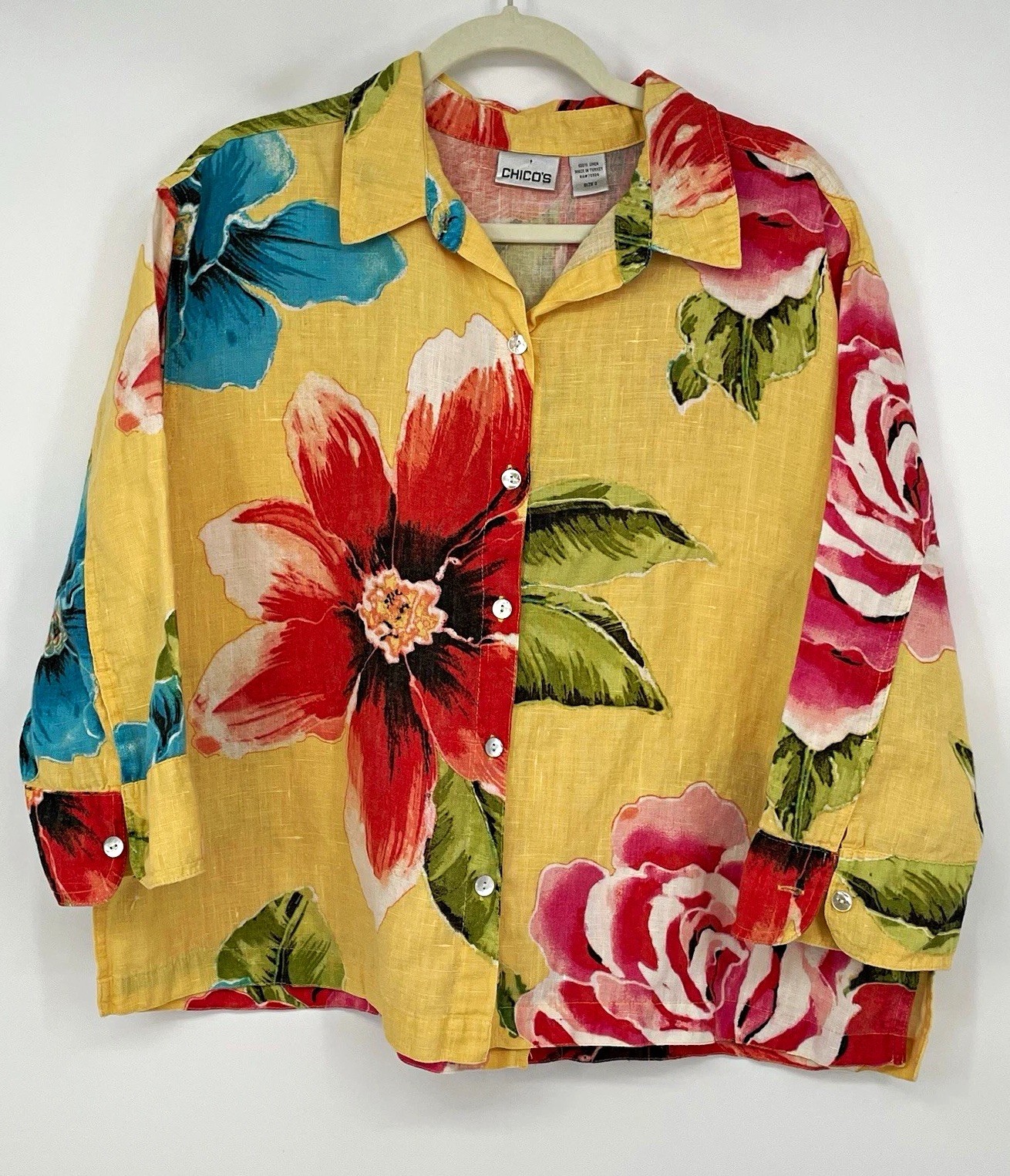 Chico\'s Women’s Linen Floral Collared Button-Up Blouse/Jacket Long Sleeve Size 2 Chico\'s Women’s Linen Floral Collared Button-Up Blouse/Jacket Long Sleeve Size 2