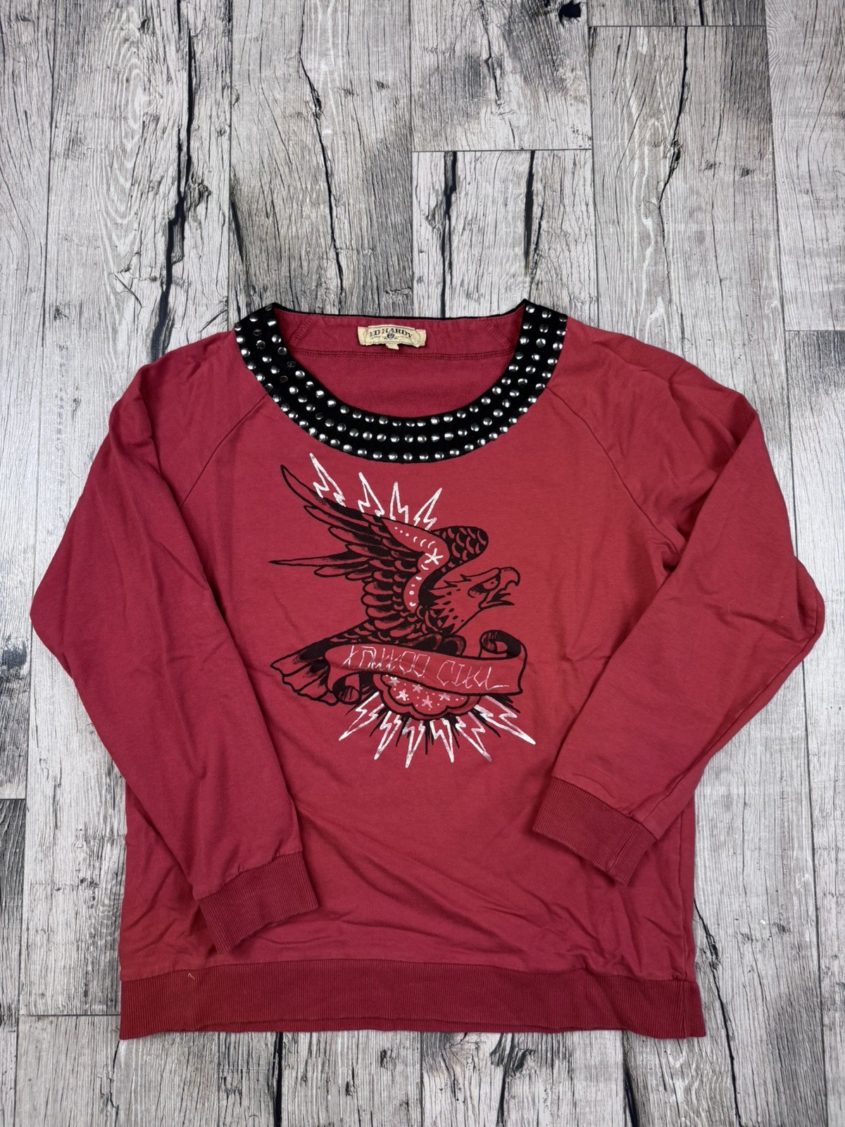 Y2K Ed Hardy Christian Audigier Beaded Long Sleeve Long Shirt Red Womens Size L
