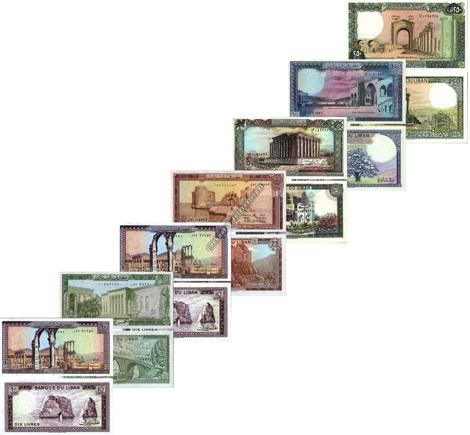 LEBANON SET 1 5 10 25 50 100 250 LIVRES 1980s P 61 62 63 64 65 66 67 UNC MINT