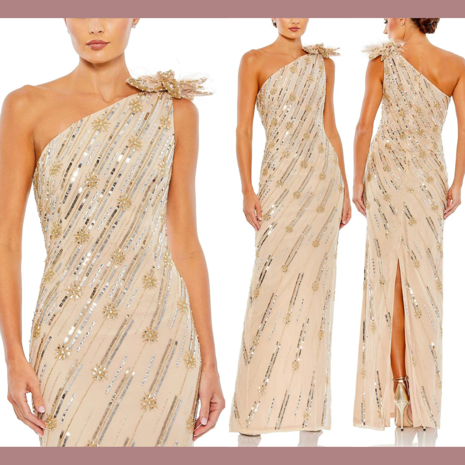 NWT $498 Mac Duggal [ 10 ] Feather Embellished Floral One Shoulder Gown #G1524