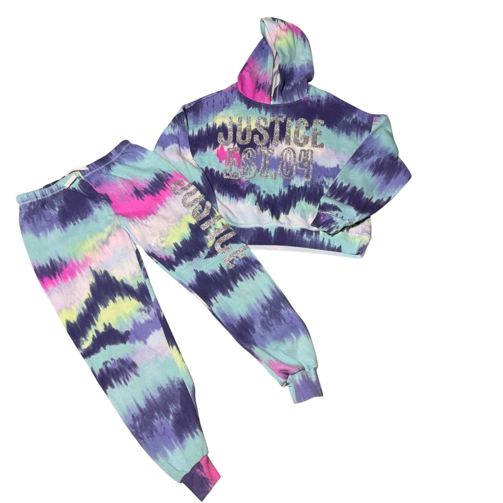 Justice Girls XL Plus 16/18 Tie Dye Hoodie and Sweatpants Purple Blue Glitter