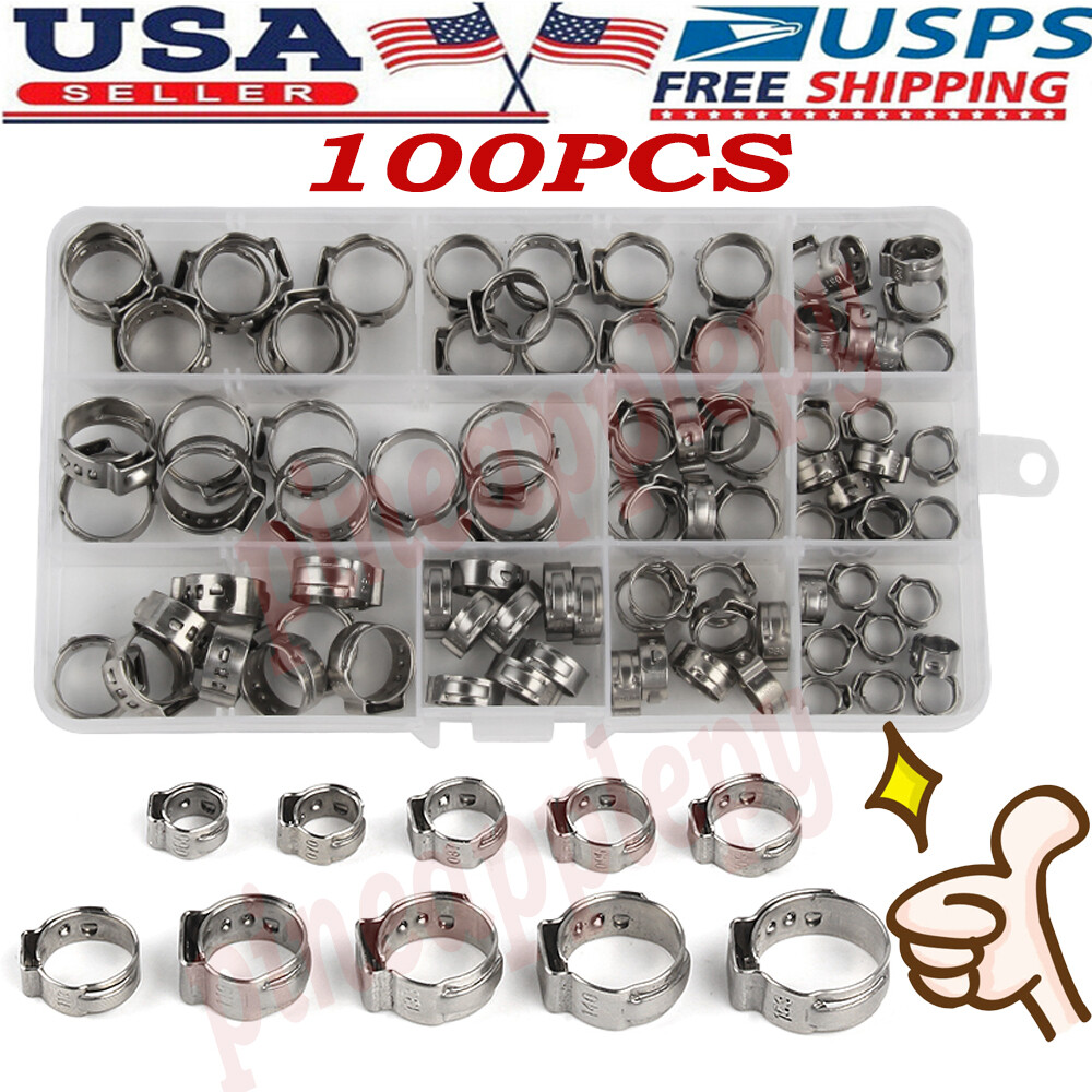 260PCS 304 Stainless Steel Single Ear Stepless Hose Clamps 6.5-21mm Kit or Plier