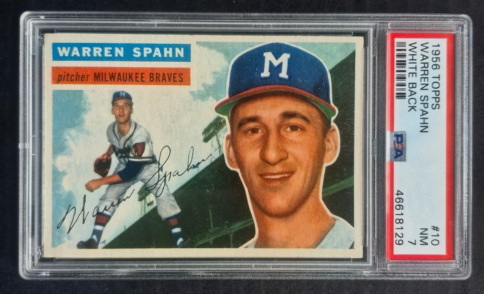 1956 Topps Set-Break #10 Warren Spahn White Back PSA 7 NM - Great Centering